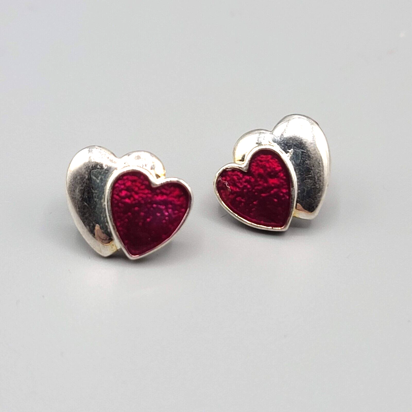 Heart Pierced Earrings Silver tone Red Enamel Studs Hearts 5/8"