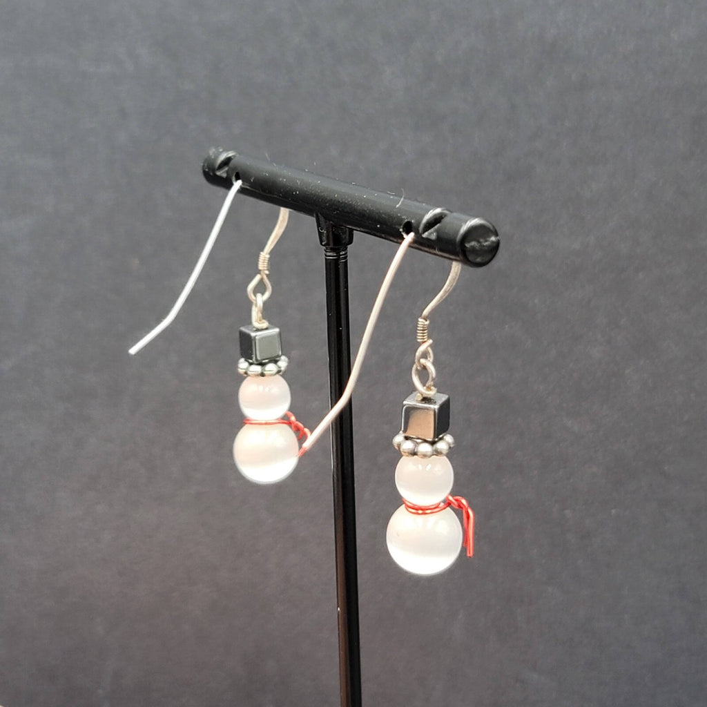 Snowman Pierced Earrings White Cats Eye Beads Hematite Hat Dangle 7/8"