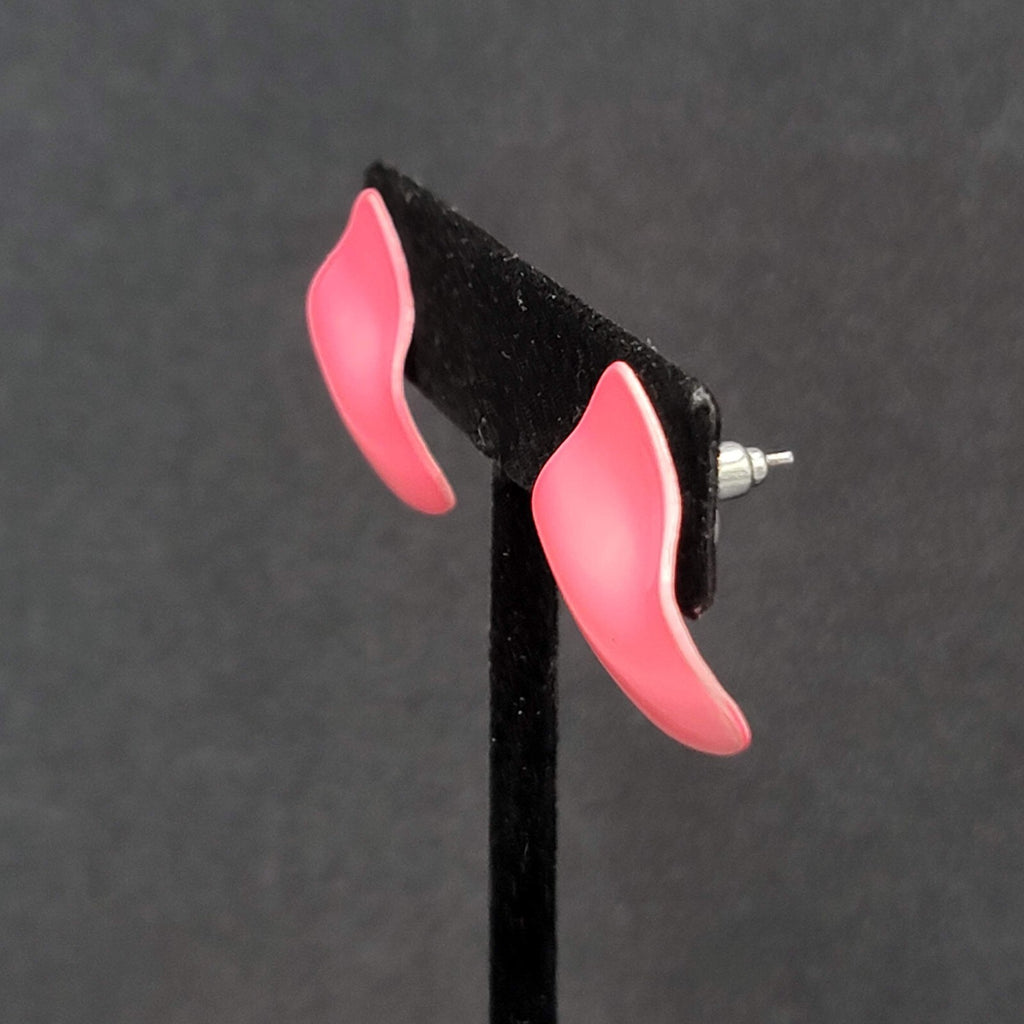 Vintage Pierced Earrings Pink Enamel Triangle Drop 1"