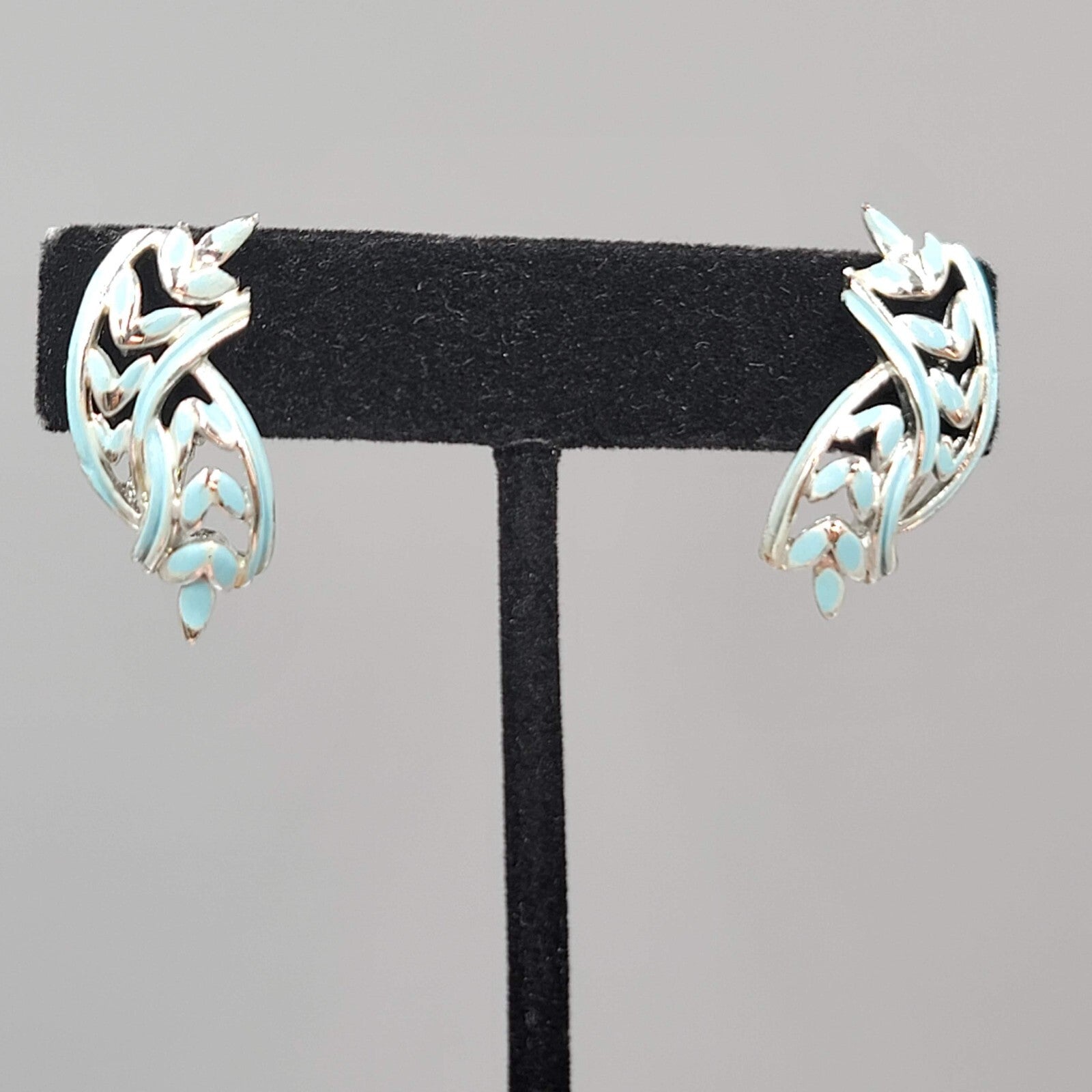 Vintage Coro Clip on Earrings Light Blue Enamel Silver tone Drop 1"