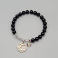 Black Glass Bead Bracelet Silver Tone You Are Strong Charm 7.5 in
