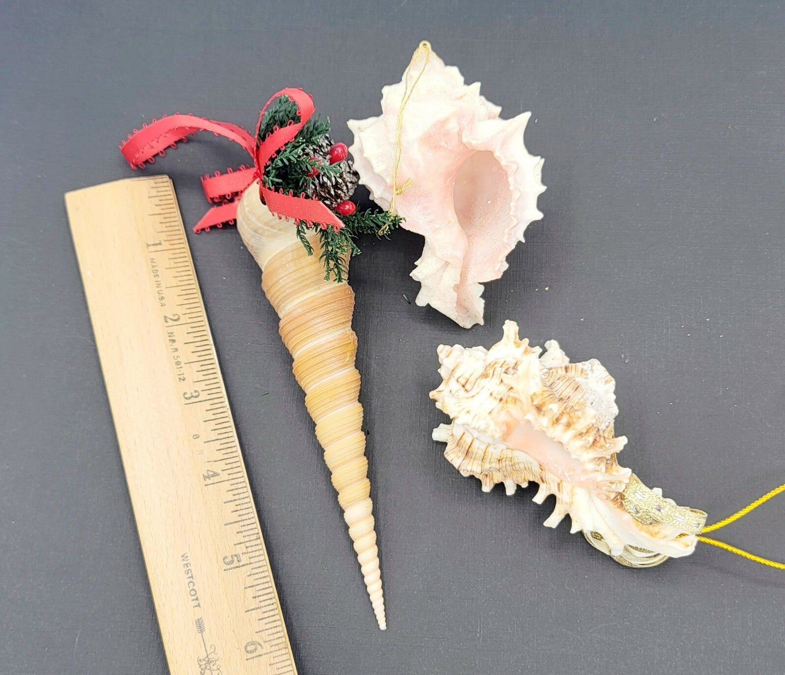 Sea Shell Christmas Ornaments Large Holiday White Glitter Lot of 3
