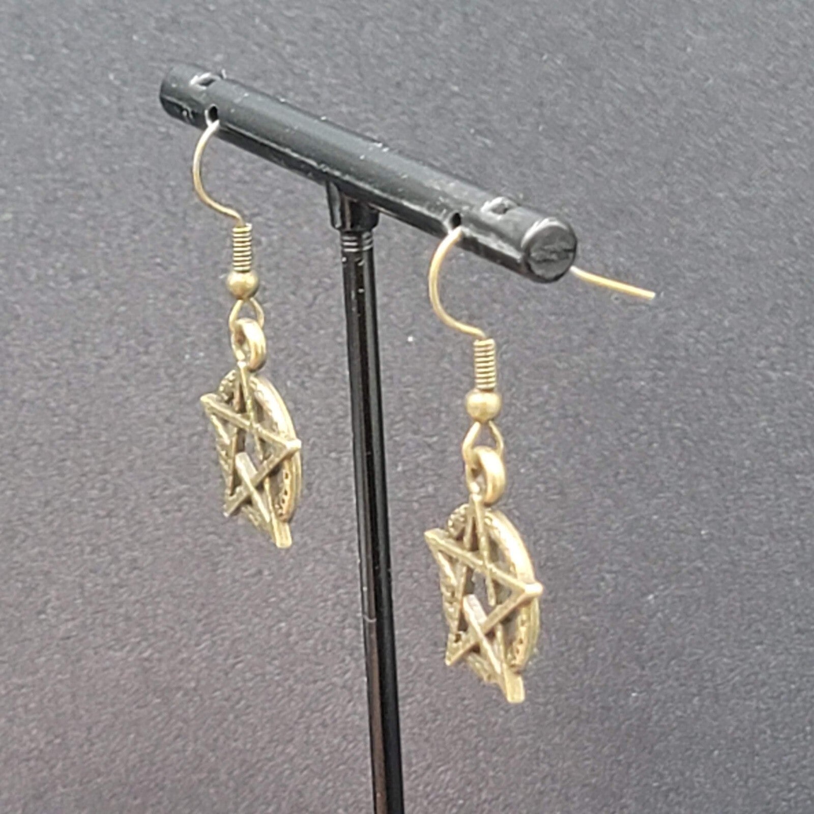 New Pentagram Circle Pierced Earrings Bronze tone Dangle 3/4"