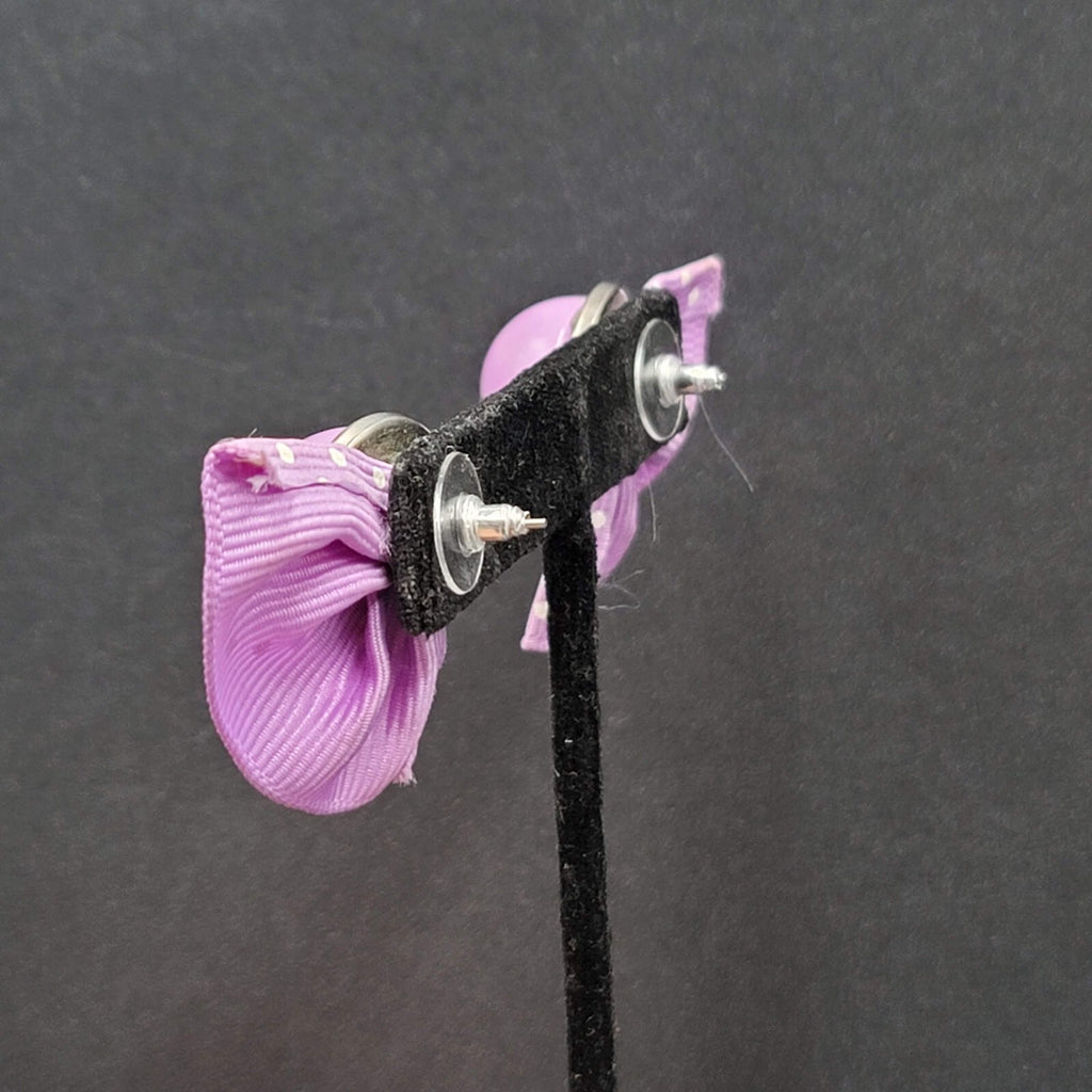Vintage Pierced Earrings Purple Cabochon Polka Dot Grosgrain Ribbon 1 7/8"