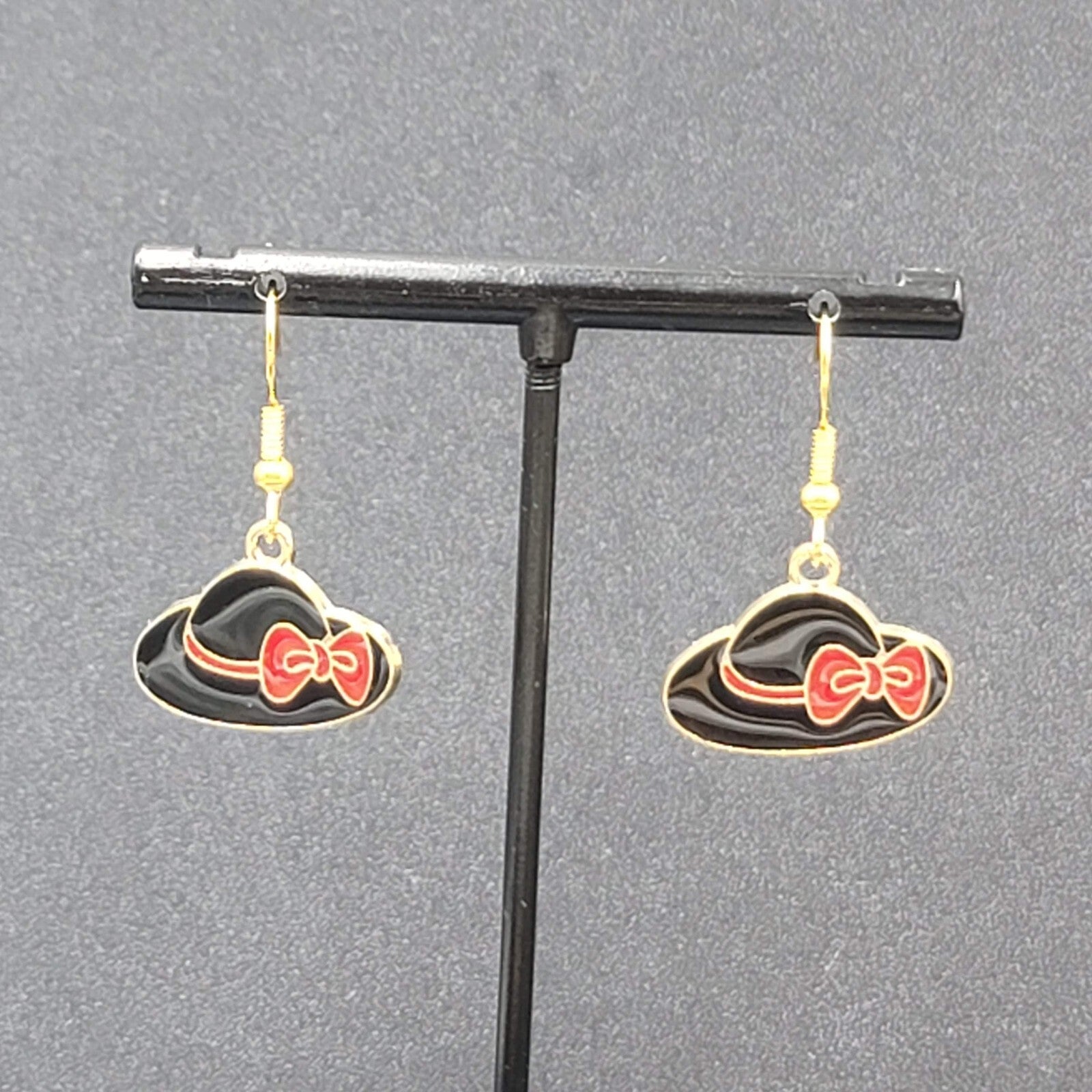 Hat Pierced Earrings Gold tone Red Black Enamel Dangle 5/8"