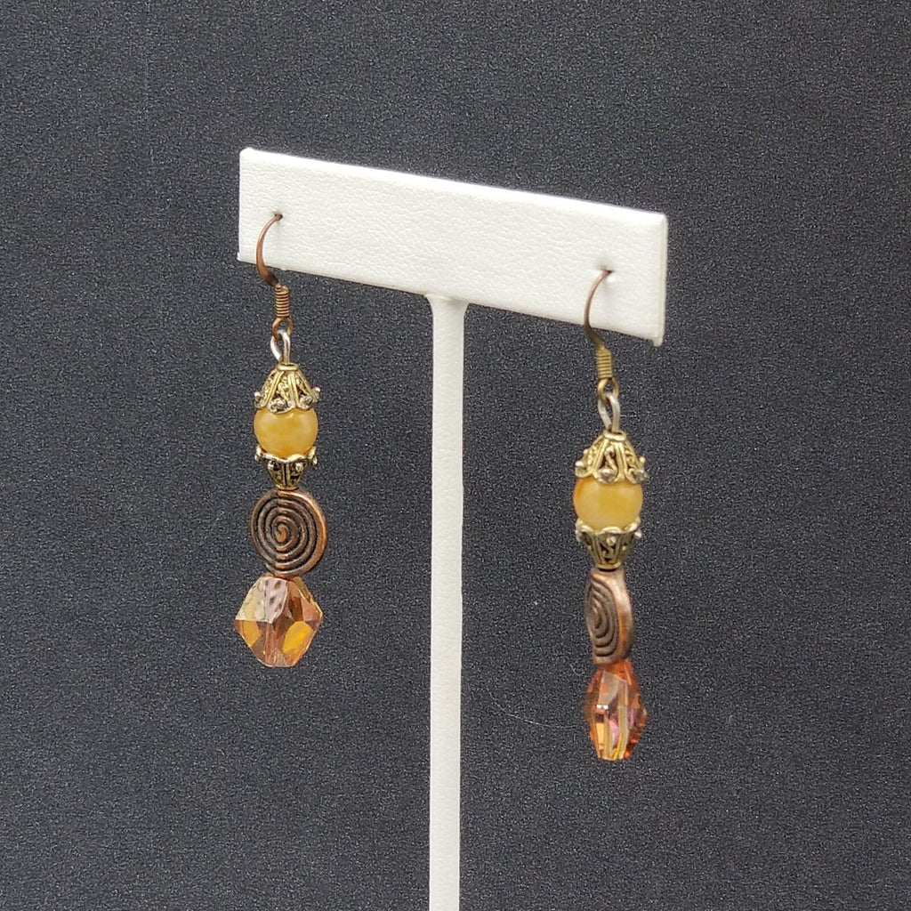 Pierced Earrings Coppertone Metal Faceted Crystal Beaded Dangle 1 1/2"