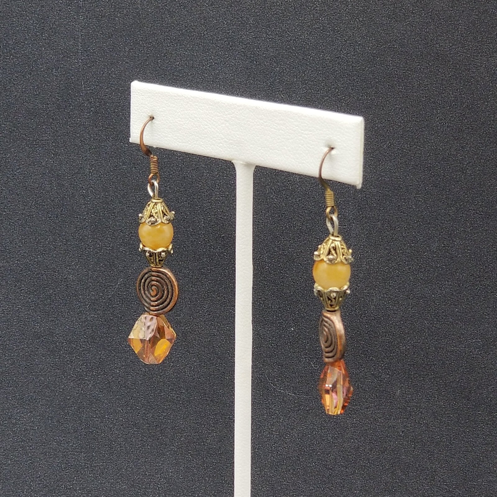 Pierced Earrings Coppertone Metal Faceted Crystal Beaded Dangle 1 1/2"
