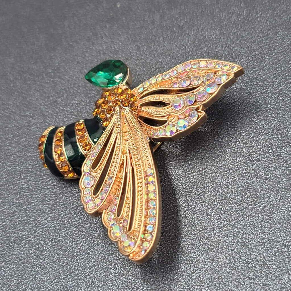 Crystal Rhinestone Brooch Bee Green AB Black Enamel 2"