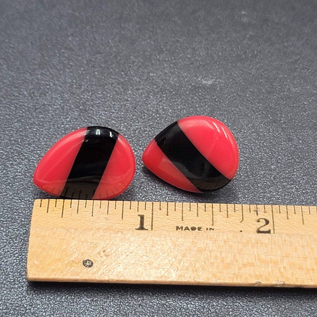Vintage Pierced Earrings Acrylic Red Black Teardrop 7/8"