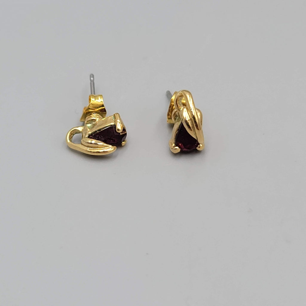 Stud Pierced Earrings Gold Plated Dark Red Stone 3/8"