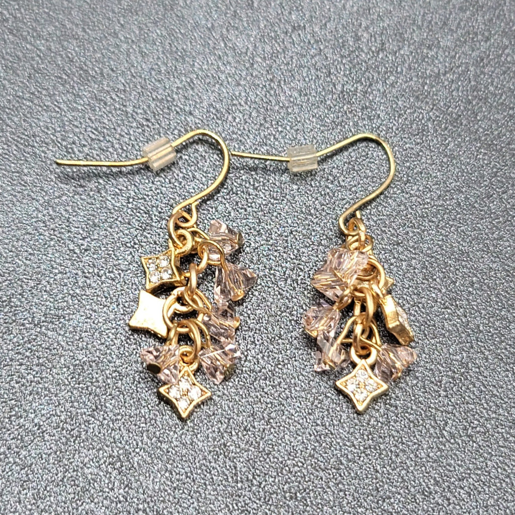 Pierced Earrings Gold tone Pink Crystal Cluster Bead Dangle 1"
