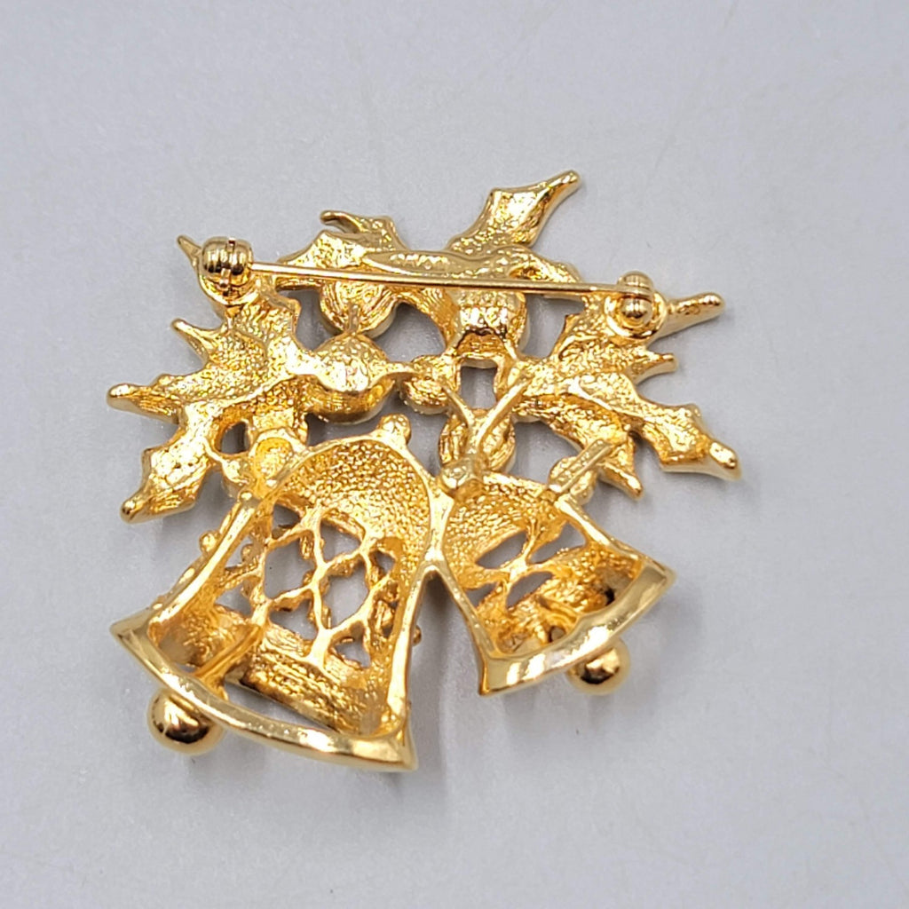 Vintage Avon Christmas Bells Brooch Gold Plated Rhinestone  2"