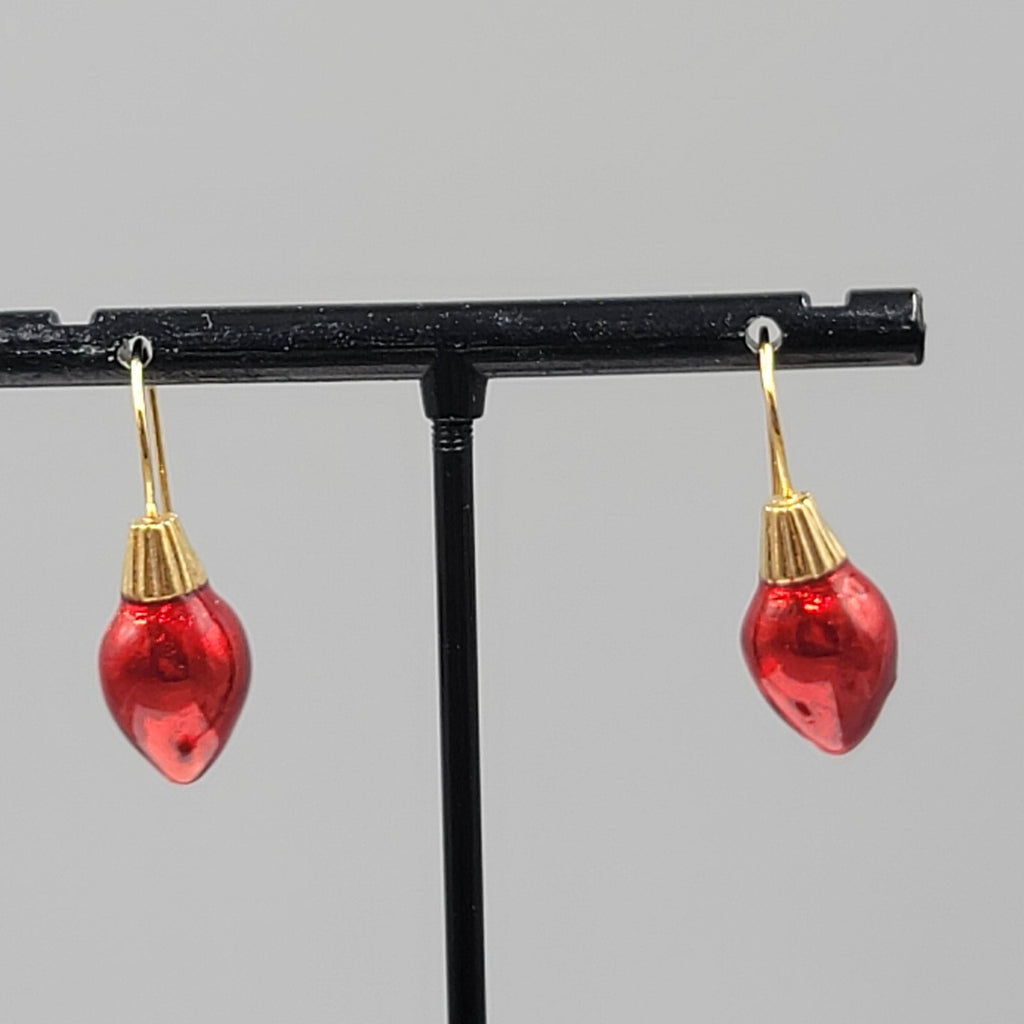 Christmas Bulb Pierced Earrings Gold Plated Red Enamel 3/4"