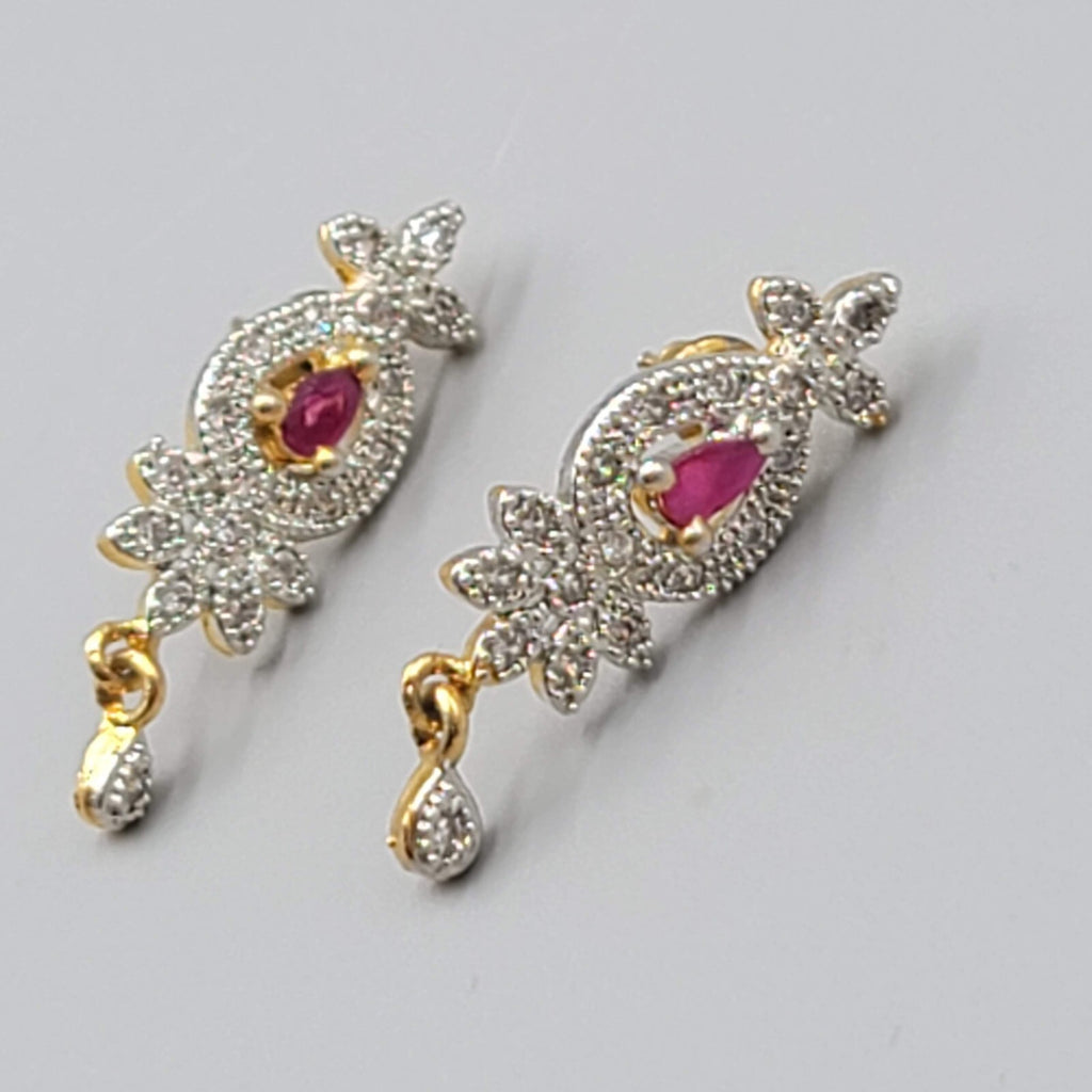 Bollywood Style Pierced Earrings Gold Plated Red Center Stone Dangle 1.25"