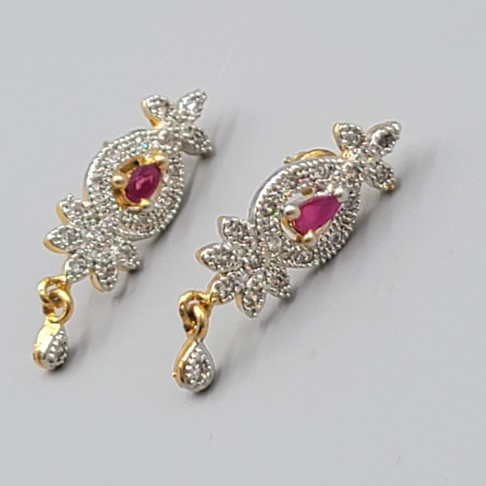 Bollywood Style Pierced Earrings Gold Plated Red Center Stone Dangle 1.25"
