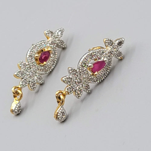 Bollywood Style Pierced Earrings Gold Plated Red Center Stone Dangle 1.25"