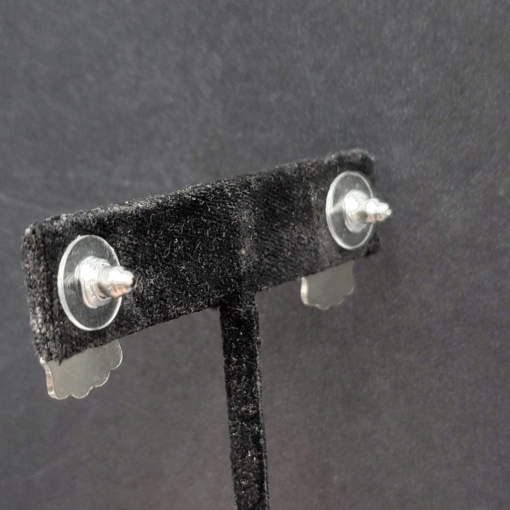 Pierced Earrings Silver tone Black Embossed Crystal Studs So Pretty! 5/8"