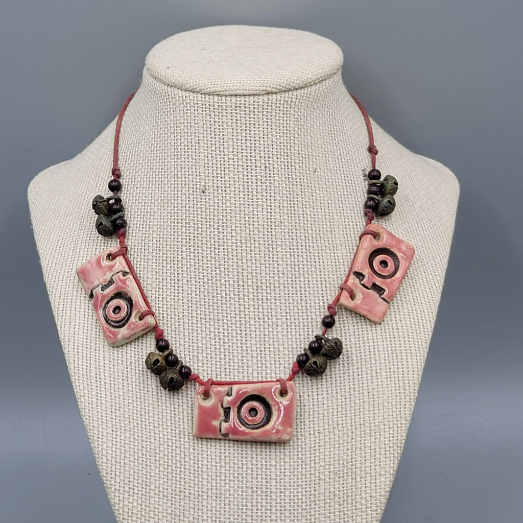 Artisan Necklace Handmade Art Pottery Bells Hand Knotted Cord 16"-18"