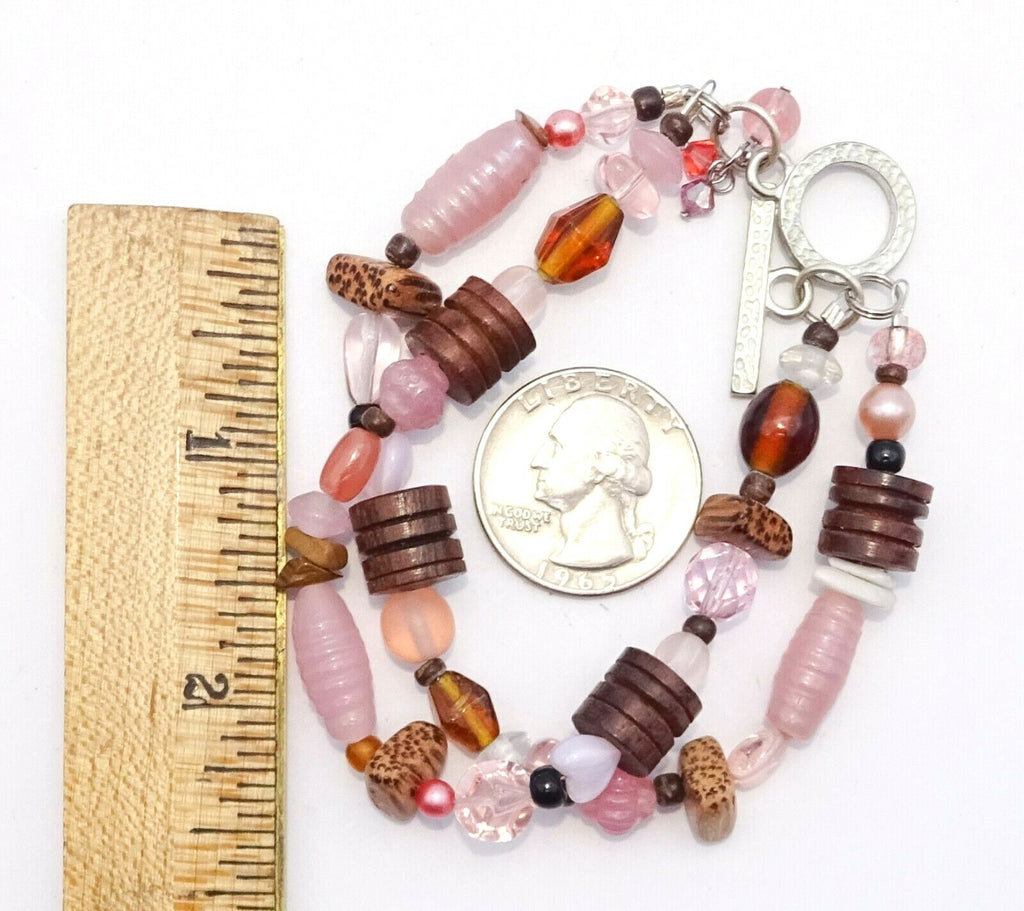 Pink Art Glass Seed Wood Beaded Double Strand Toggle Clasp Bracelet 7 1/2"