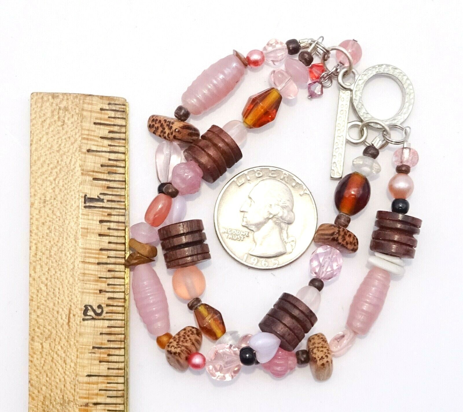 Pink Art Glass Seed Wood Beaded Double Strand Toggle Clasp Bracelet 7 1/2"