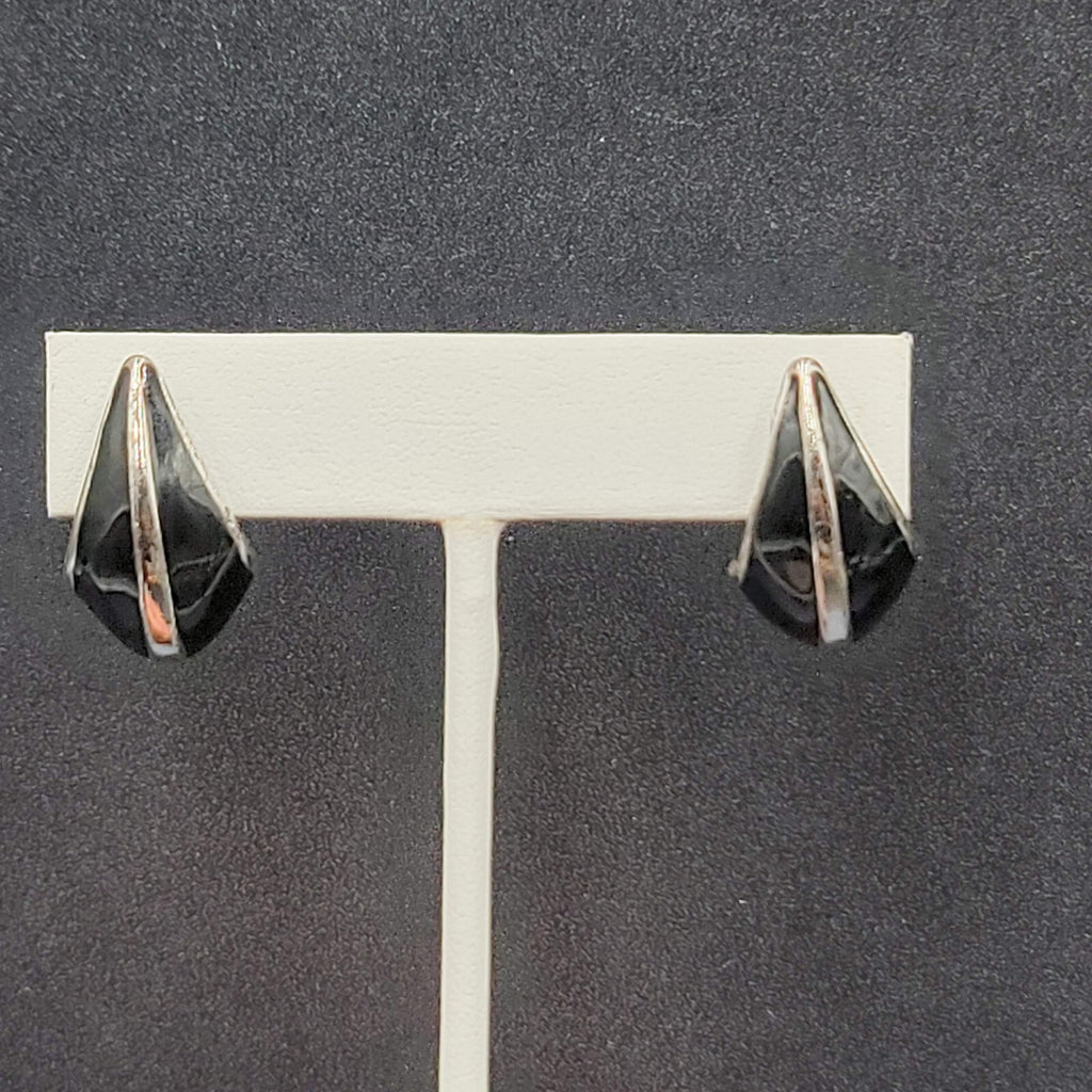 Vintage Pierced Earrings Black Enamel Drop Silver tone 1"
