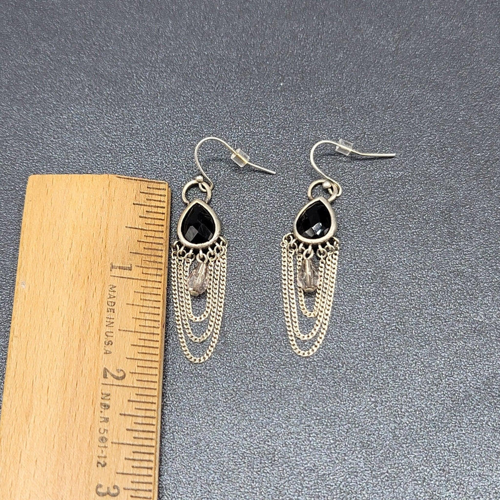 Pierced Earrings Silver tone Black Faceted Teardrop Chains  1.75"