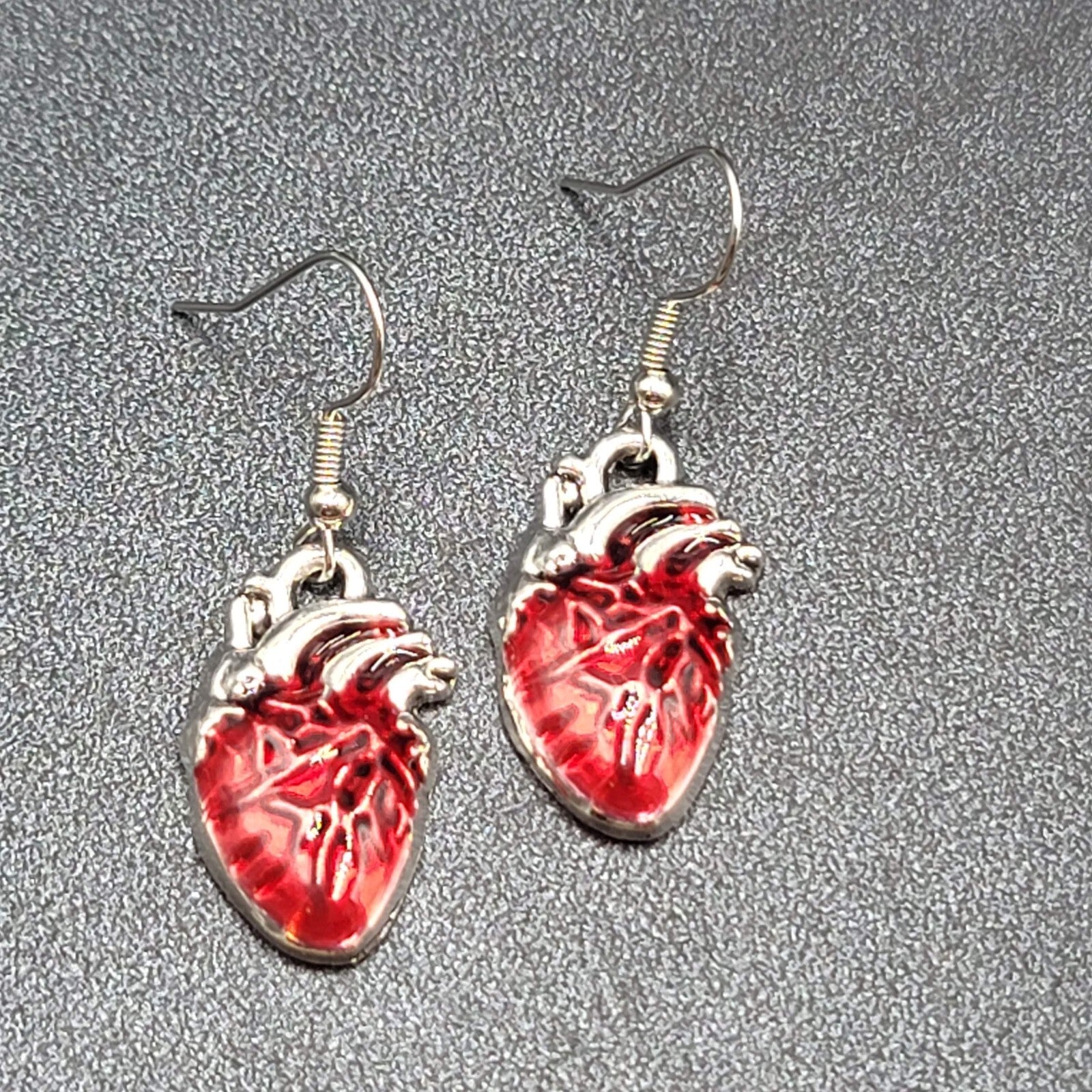 New Anatomical Heart Pierced Earrings Silver tone Red Goth Rock Dangle 1"