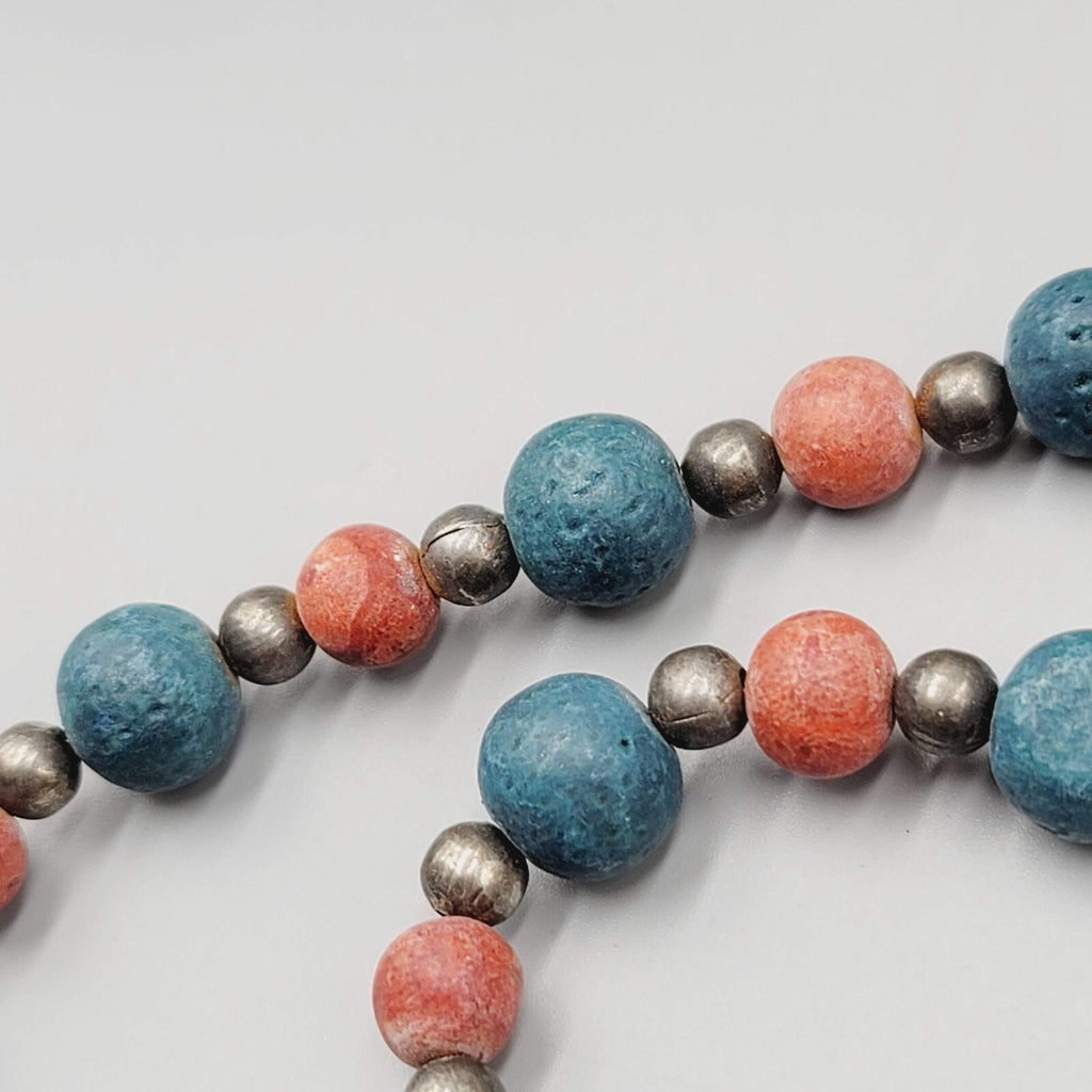 Vintage Beaded Necklace Red Blue Brass Handmade 22" Estate Costume Jewelry 