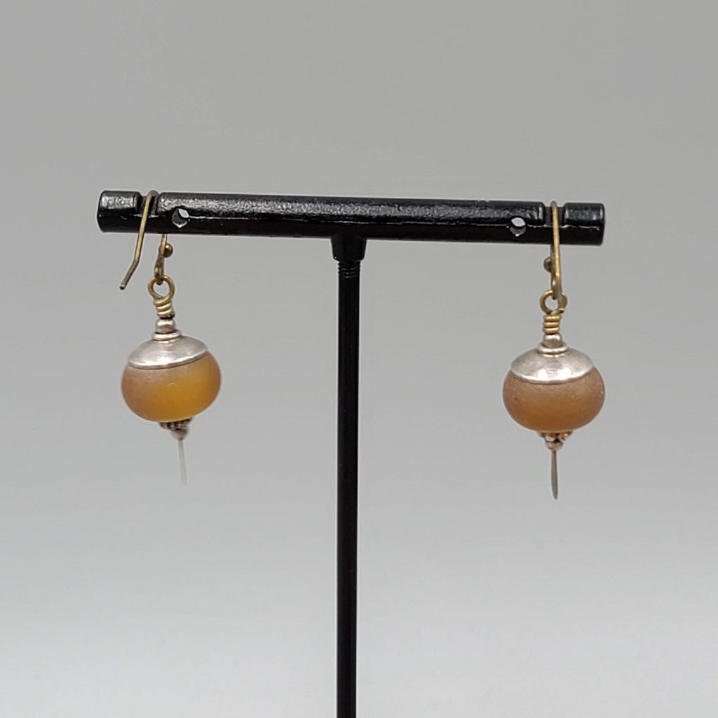 Glass Bead Pierced Earrings Bronze tone & Silver tone Dangle 1"
