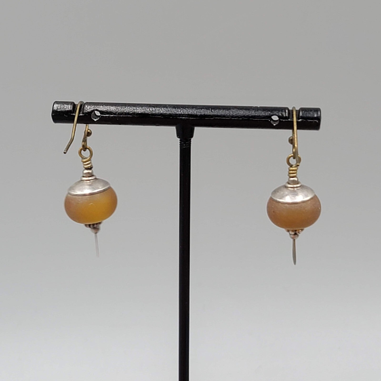 Glass Bead Pierced Earrings Bronze tone & Silver tone Dangle 1"