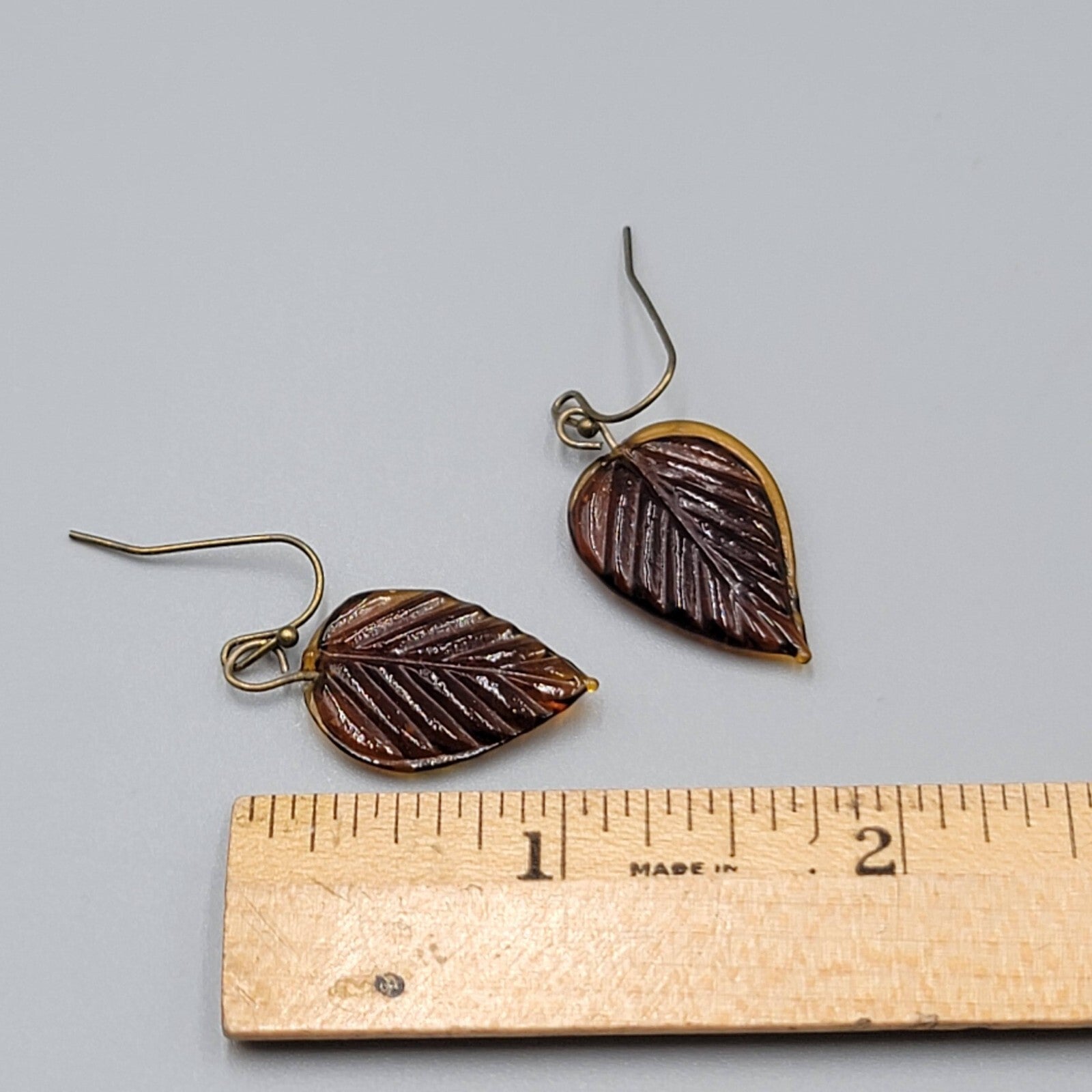 Pierced Earrings Brown Glass Leaf Dangle Bronze tone 1"