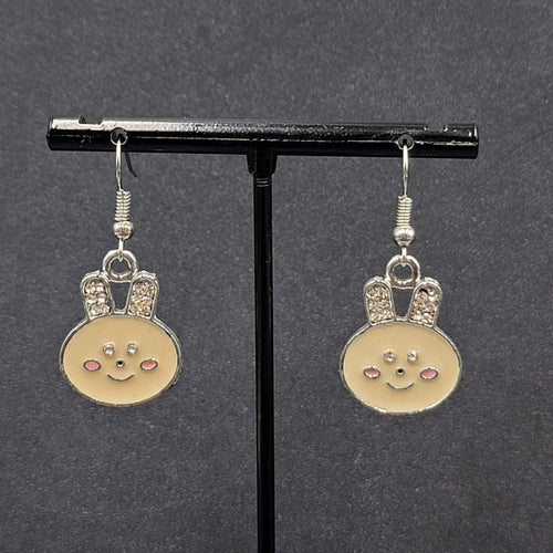 Bunny Pierced Earrings Dangle Silver tone Enamel Rhinestone 1"