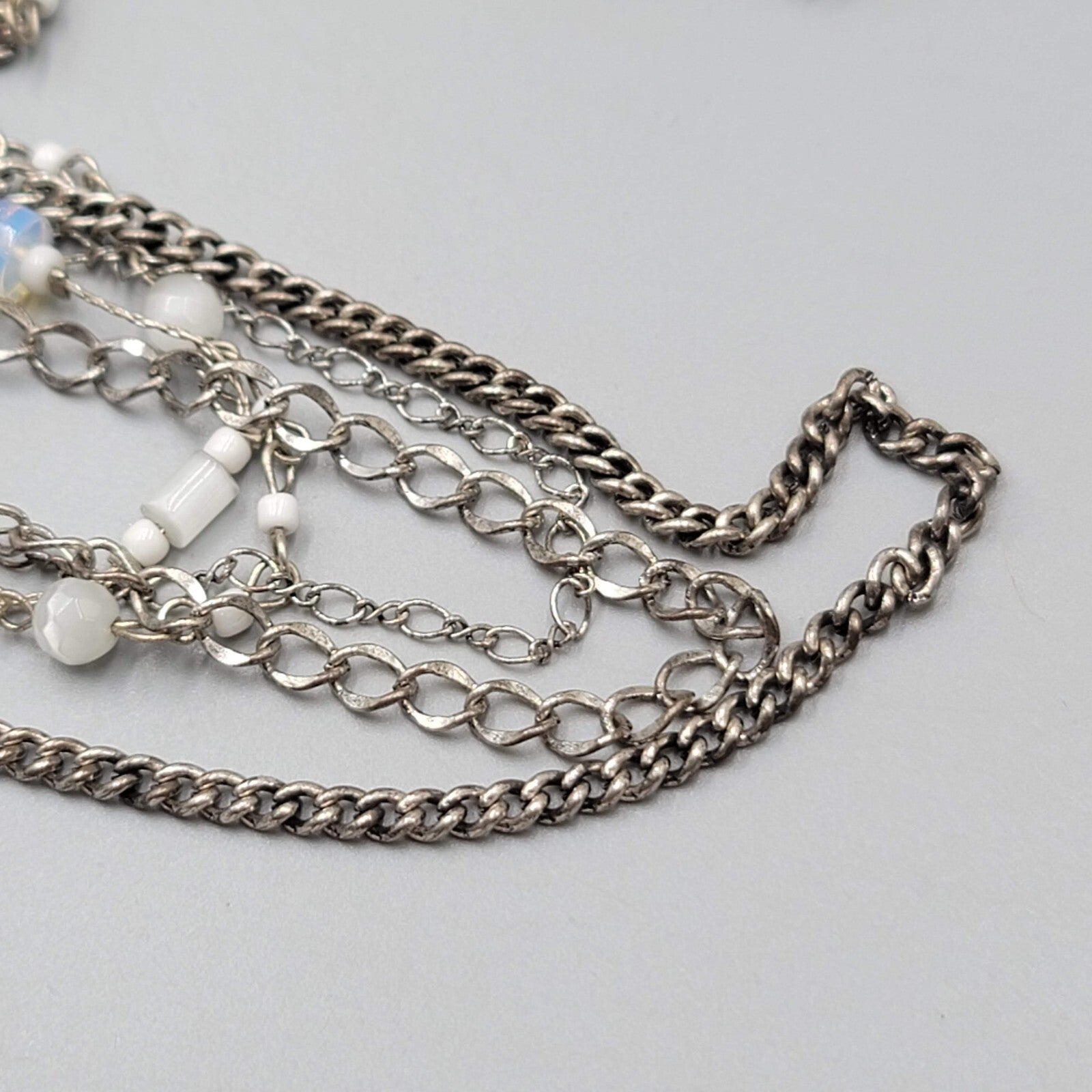 Multi Chain Necklace Silver tone White Cats Eye Bead 28"