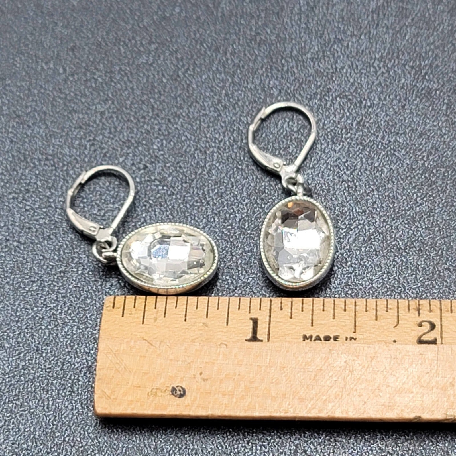 Pierced Earrings Silver tone Faceted Oval Glass Signed Dangle 3/4"