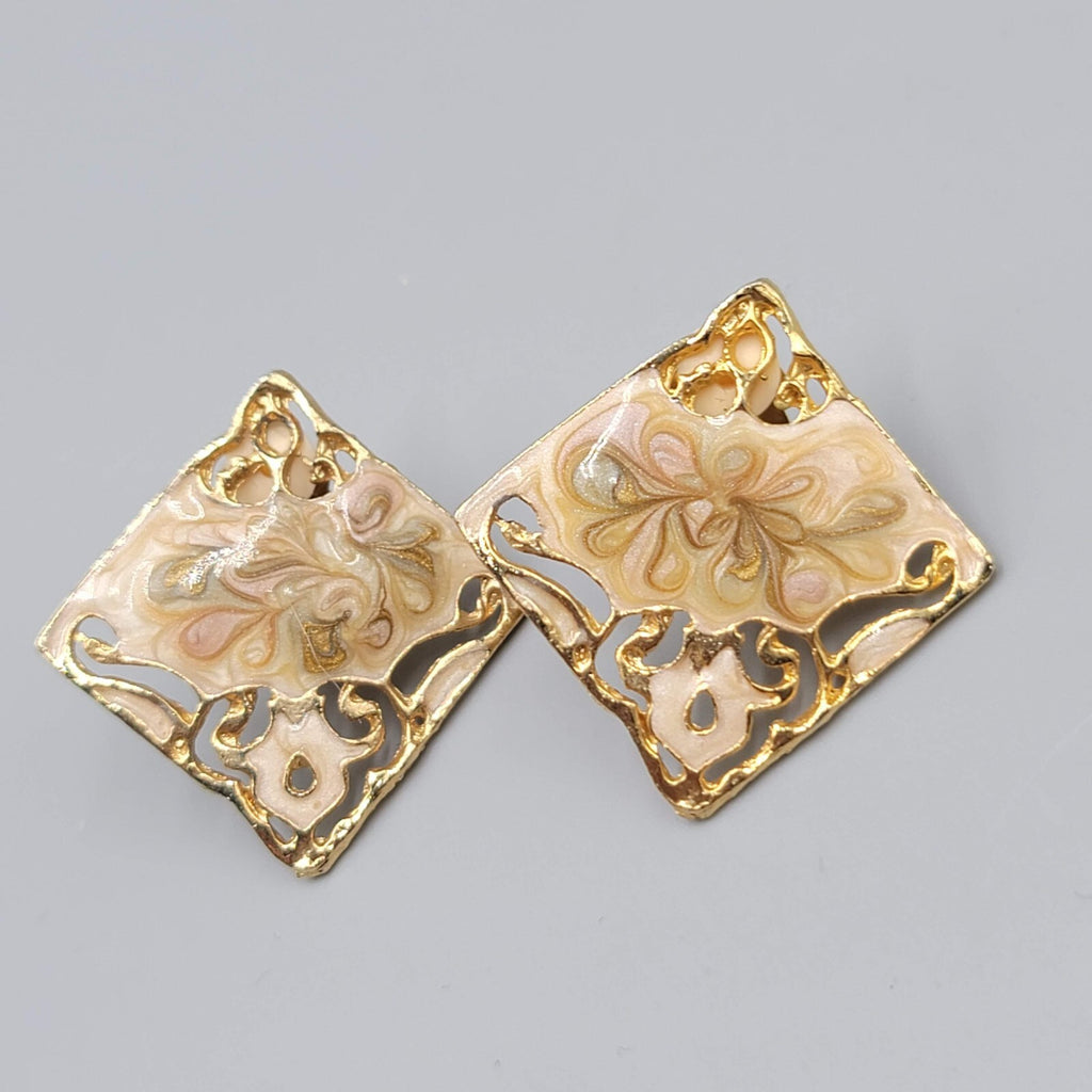 Vintage Swirl Cream Enamel Clip on Earrings Square Drop 1 3/8"