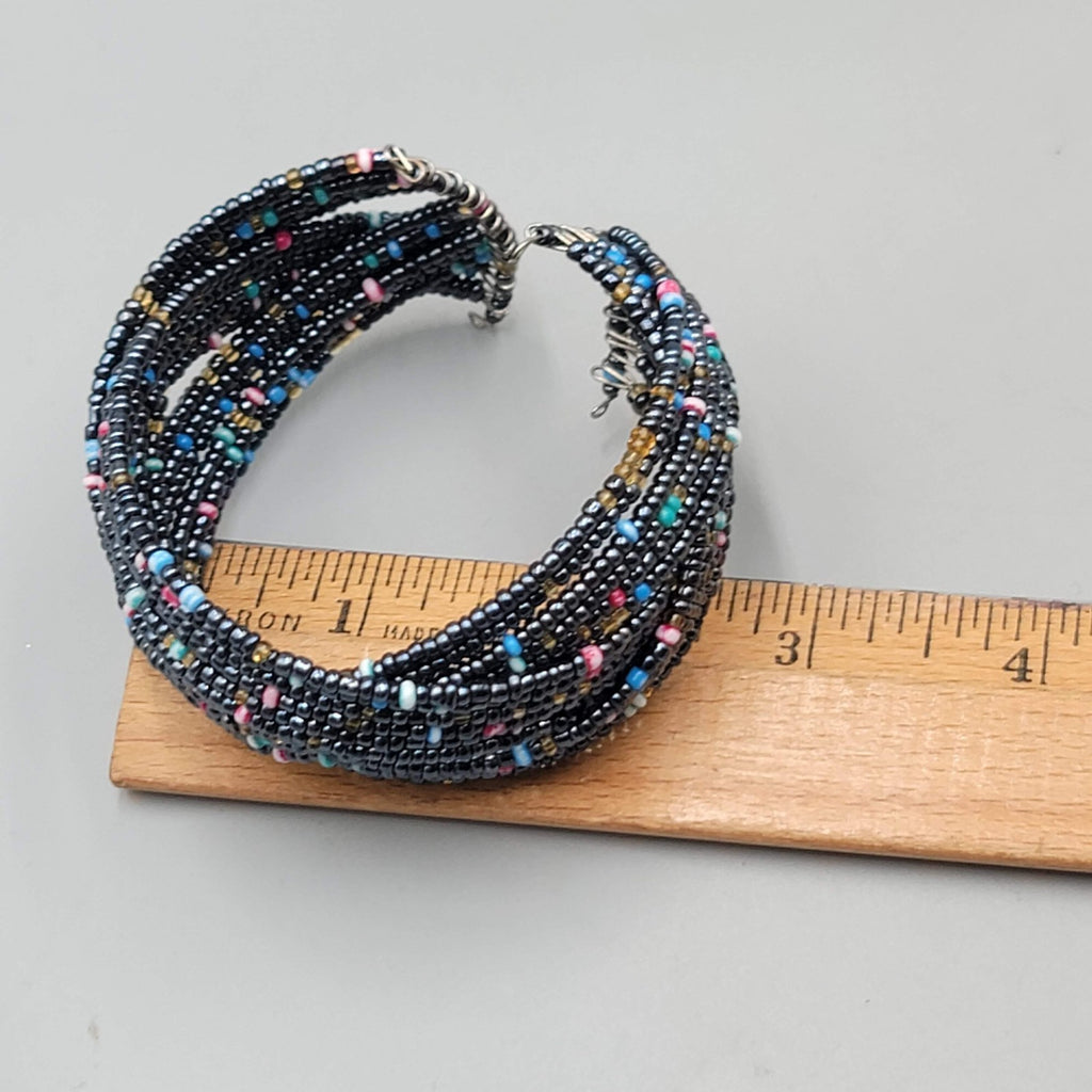 Black Weaved Seed Bead Cuff Bracelet Multicolor Accents Silver tone 7 in