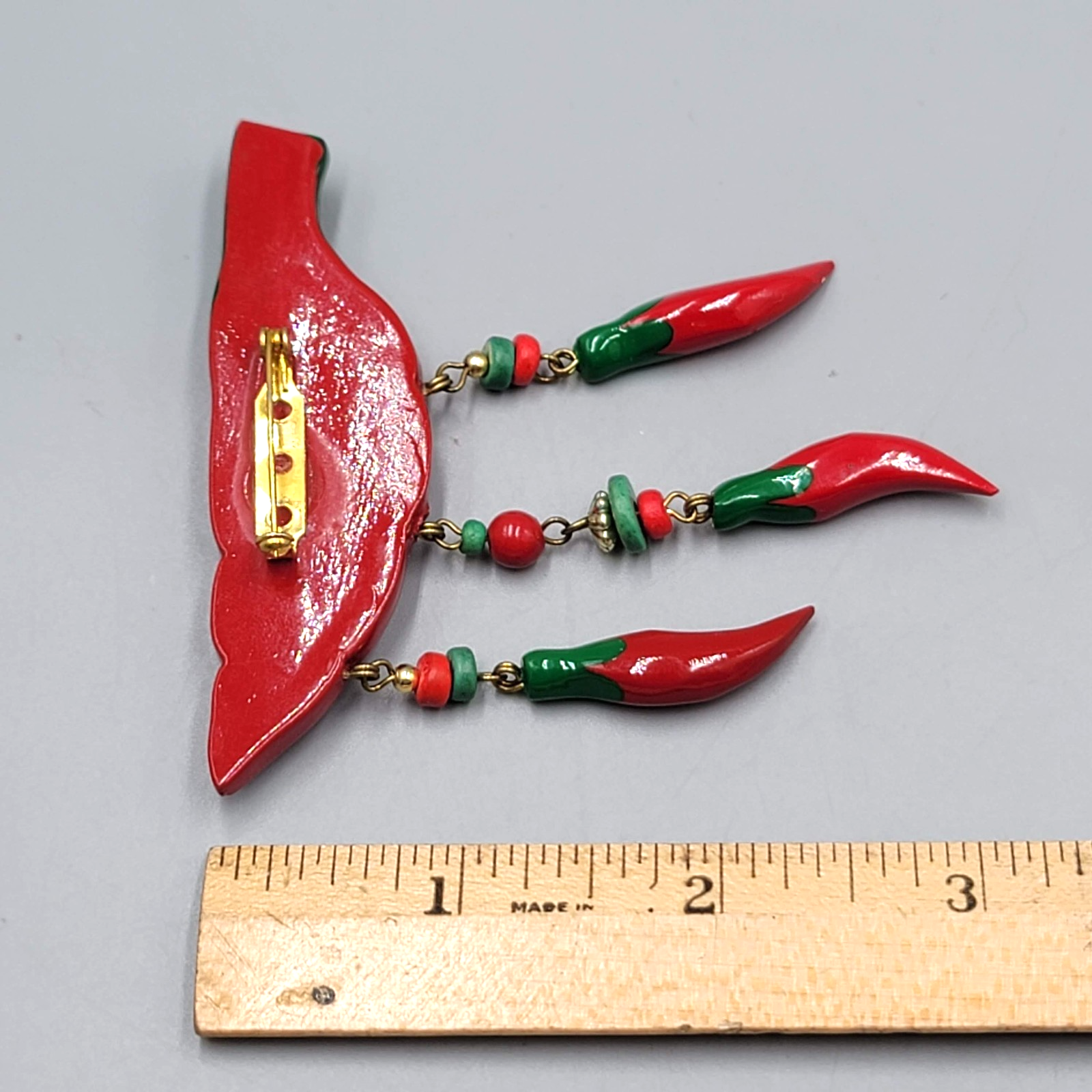 Vintage Red Chili Pepper Brooch Hand Painted Wood Statement 3"