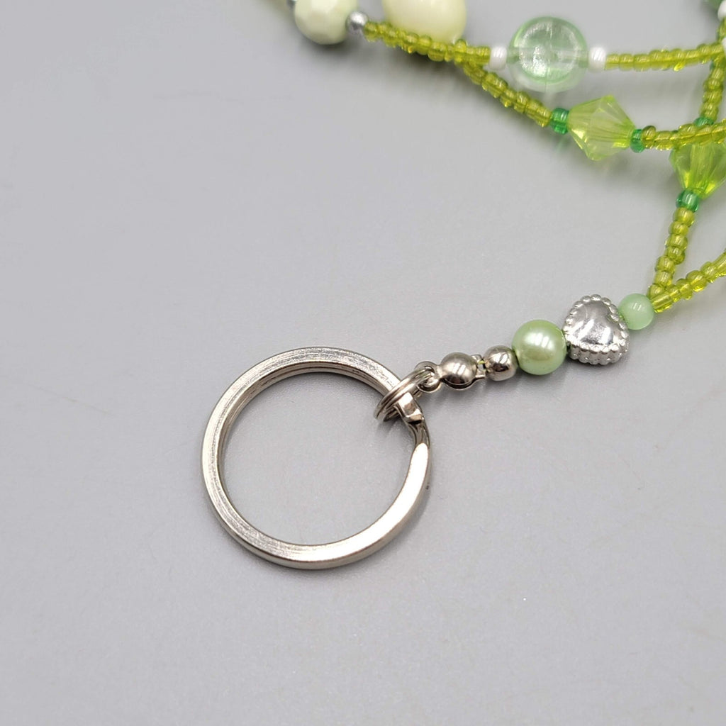 Green Bead Lanyard Necklace Silver tone Keychain Necklace 32" Magnet Closure