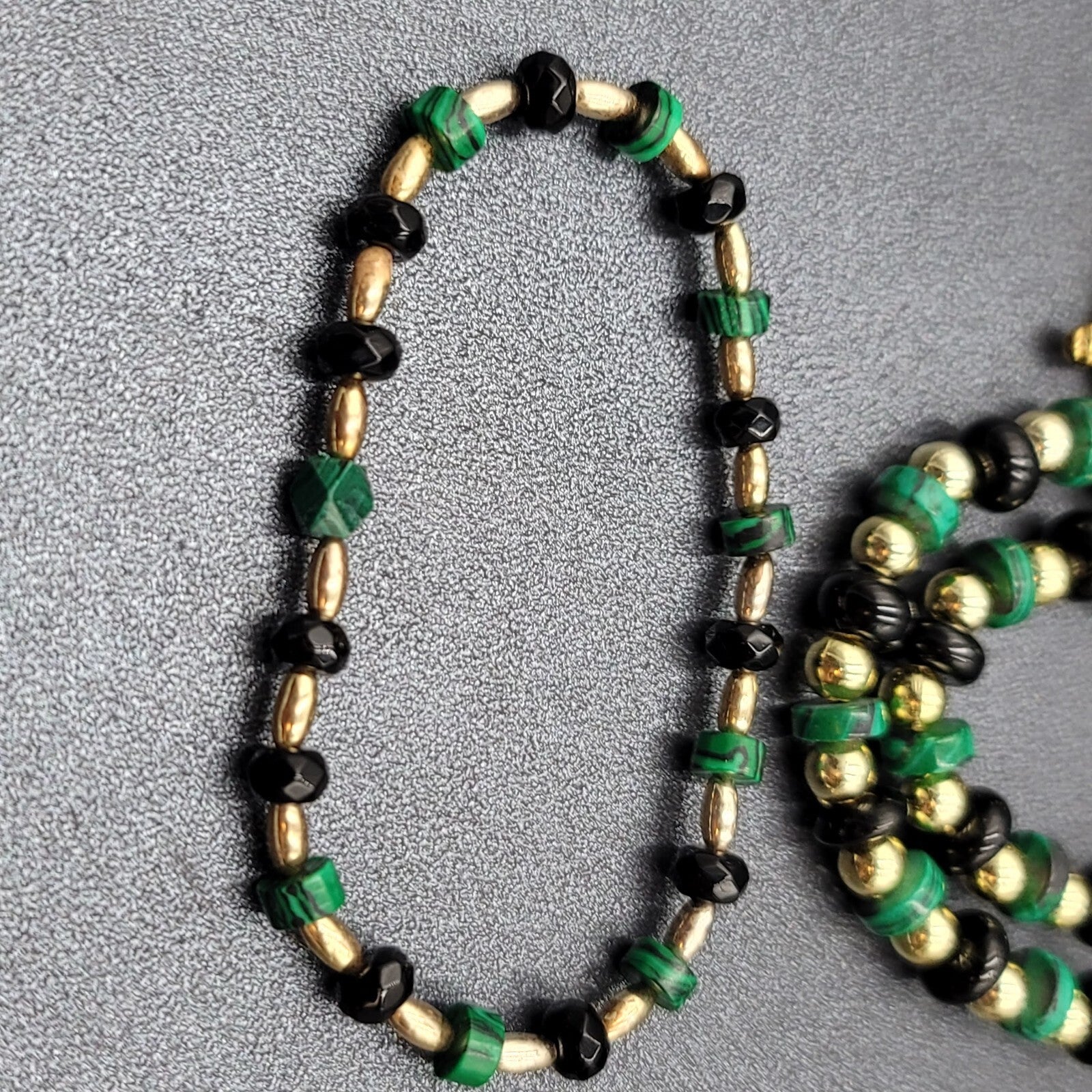 Beaded Necklace Gold tone Faux Malachite Bracelet Earrings Set Jewelry Set 52"