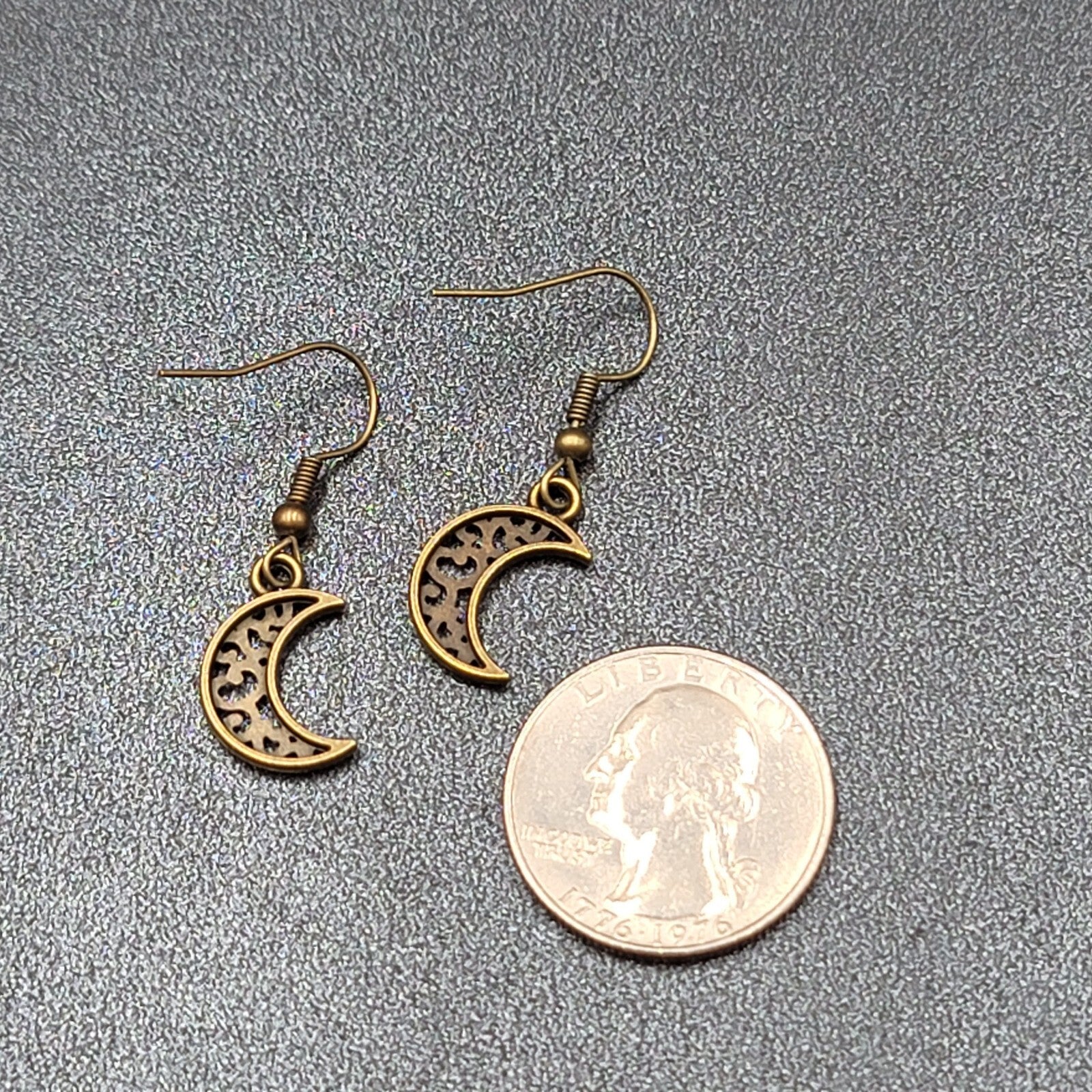 New MOON Pierced Earrings Bronze tone Open Work Metal Dangle 5/8"