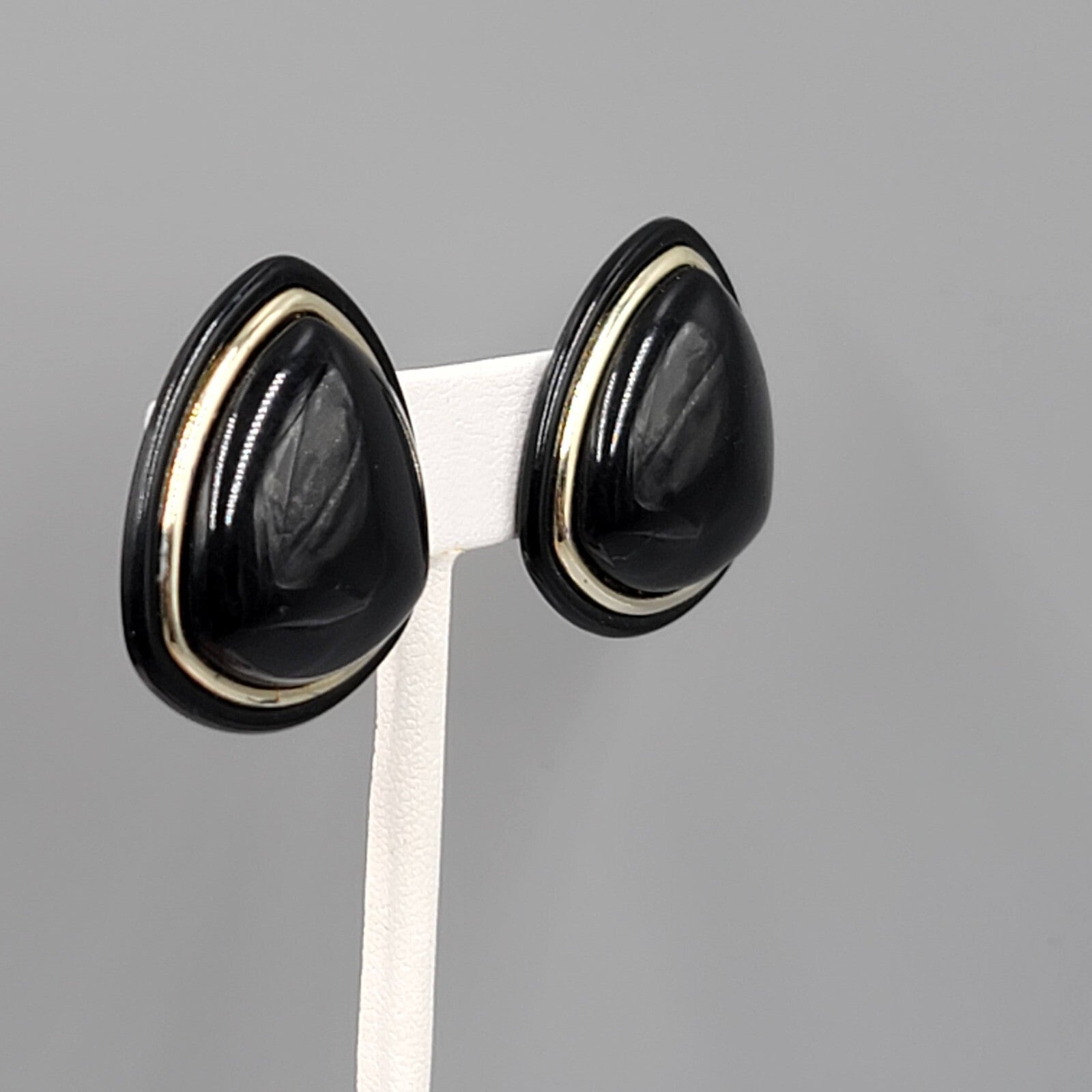 Vintage Clip on Earrings Black Triangle Gold tone Large Statement Plastic 1.25"