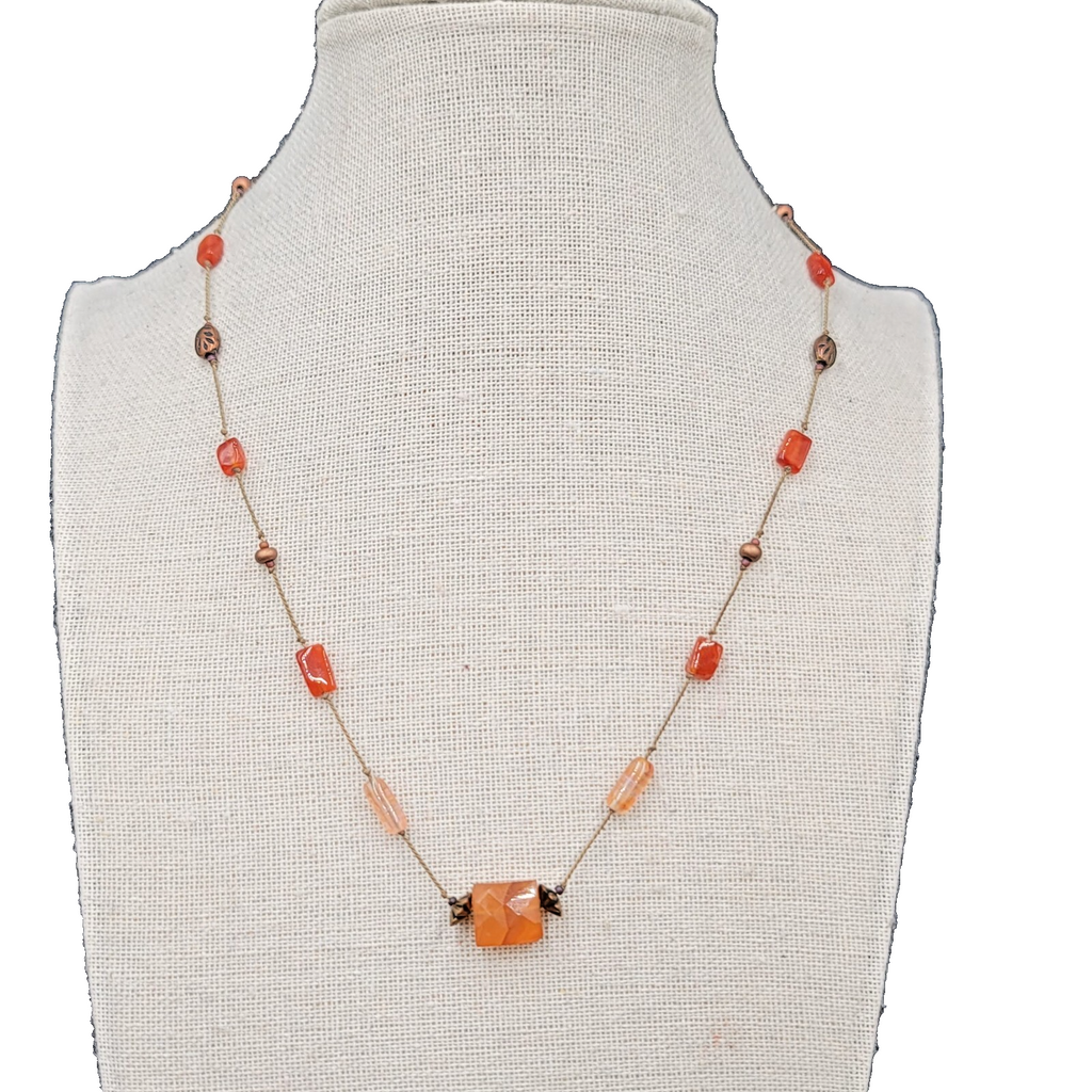 Dainty Orange Stone Necklace Hand Knotted Cord Station Copper tone Metal 17"