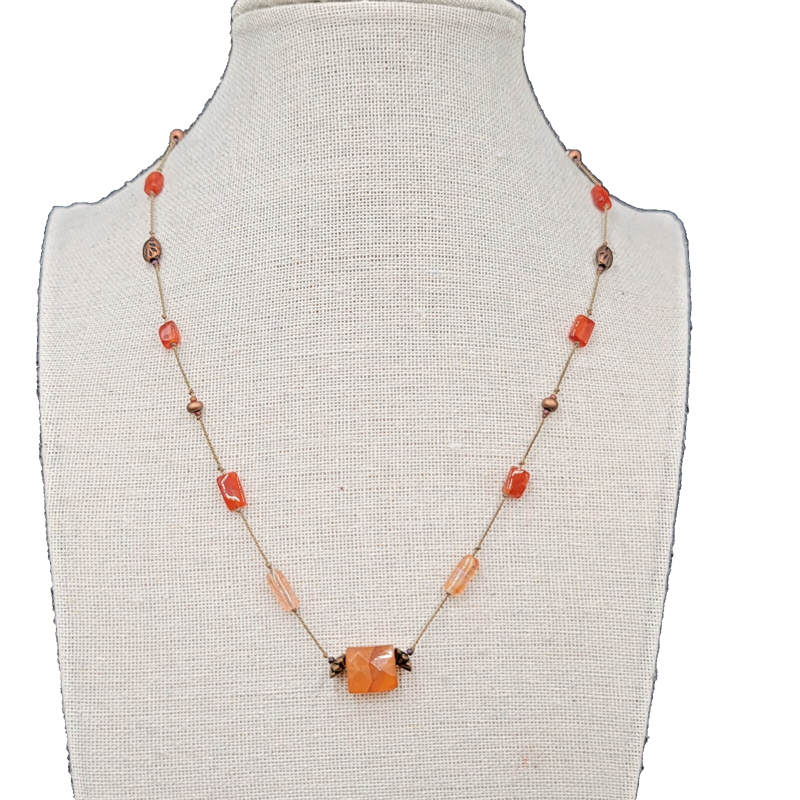 Dainty Orange Stone Necklace Hand Knotted Cord Station Copper tone Metal 17"
