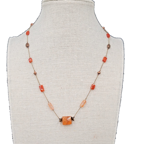 Dainty Orange Stone Necklace Hand Knotted Cord Station Copper tone Metal 17"