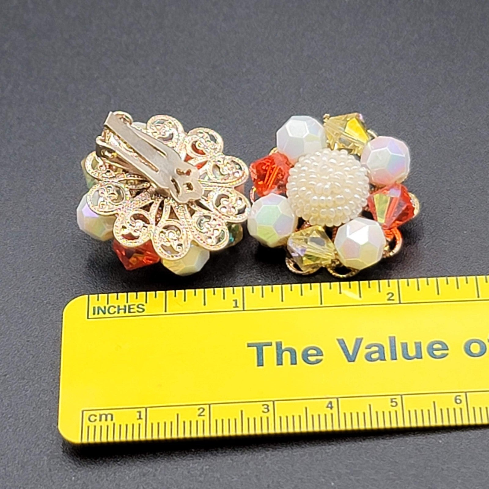 Vintage Clip on Earrings Red White Bead Gold tone 1 1/8"