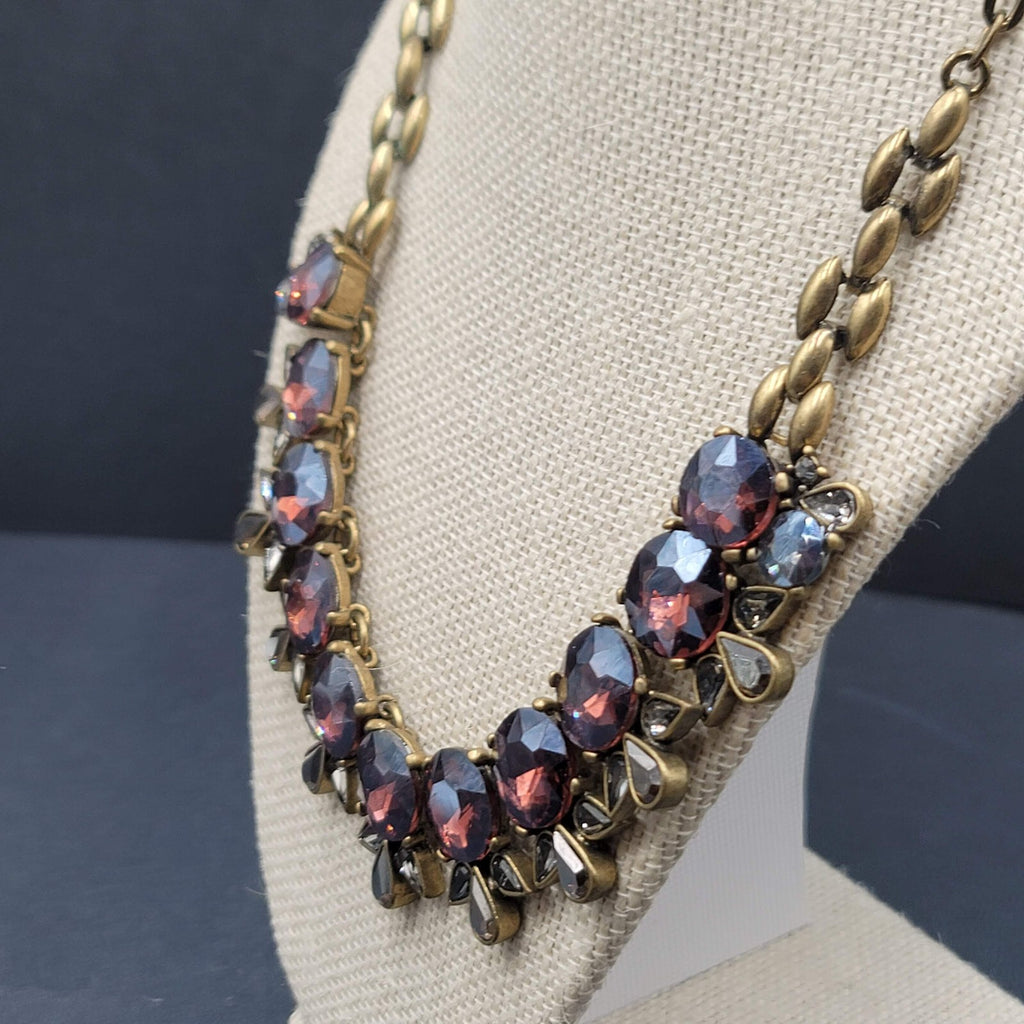 Purple Rhinestone Necklace Bronze tone Bid Statement Chain  20" - 22"