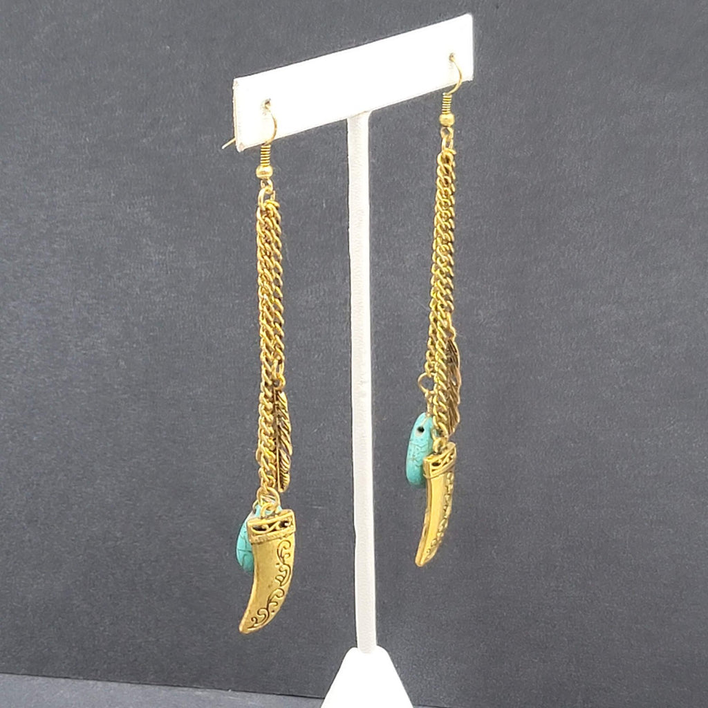 Pierced Earrings Large Gold tone Multi Chain Charms Beaded Statement 4"