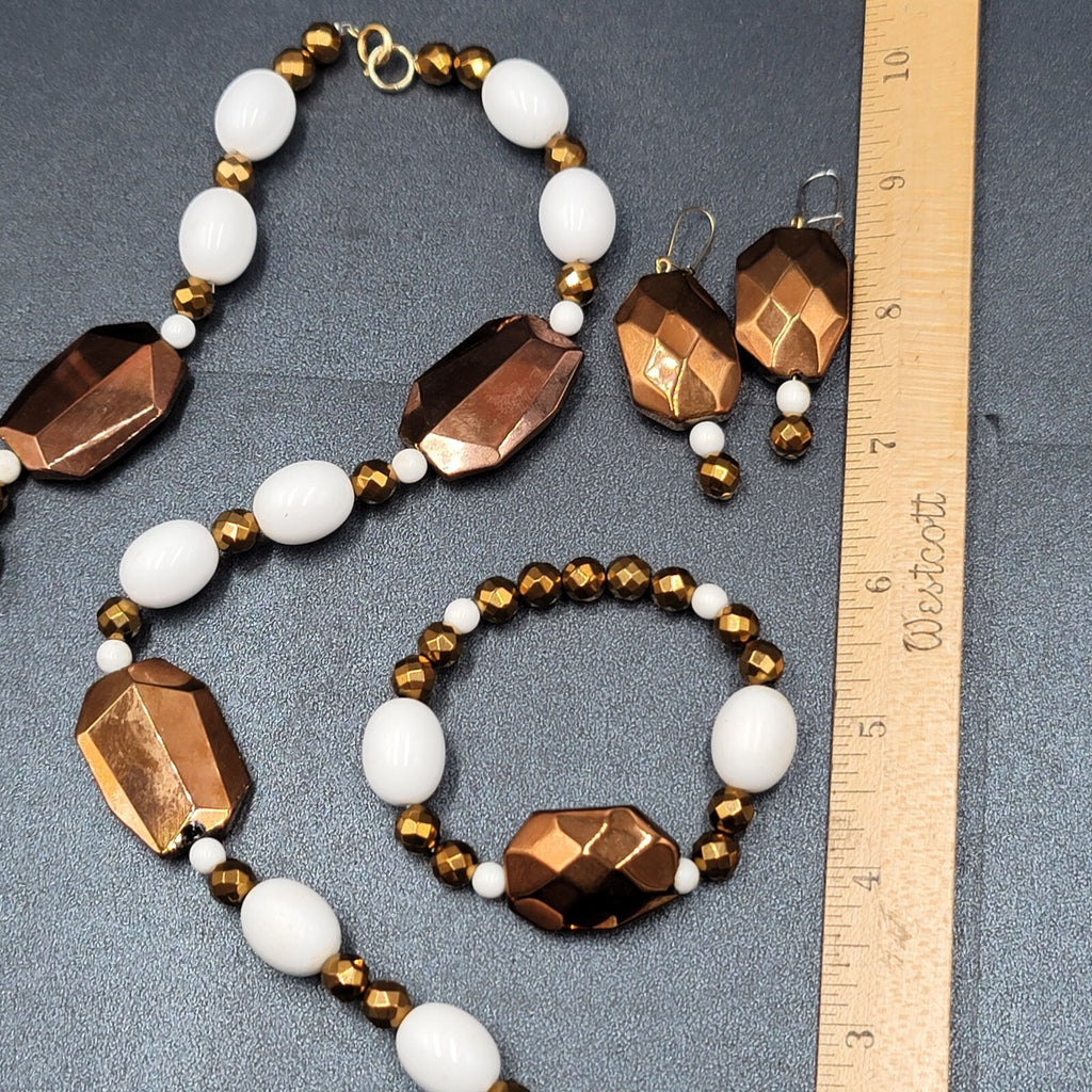 Bronze Metallic White Beaded Necklace Bracelet Earrings Set Jewelry Set
