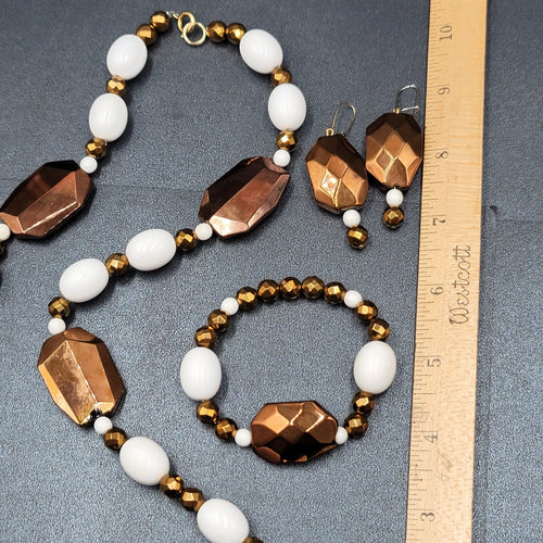 Bronze Metallic White Beaded Necklace Bracelet Earrings Set Jewelry Set