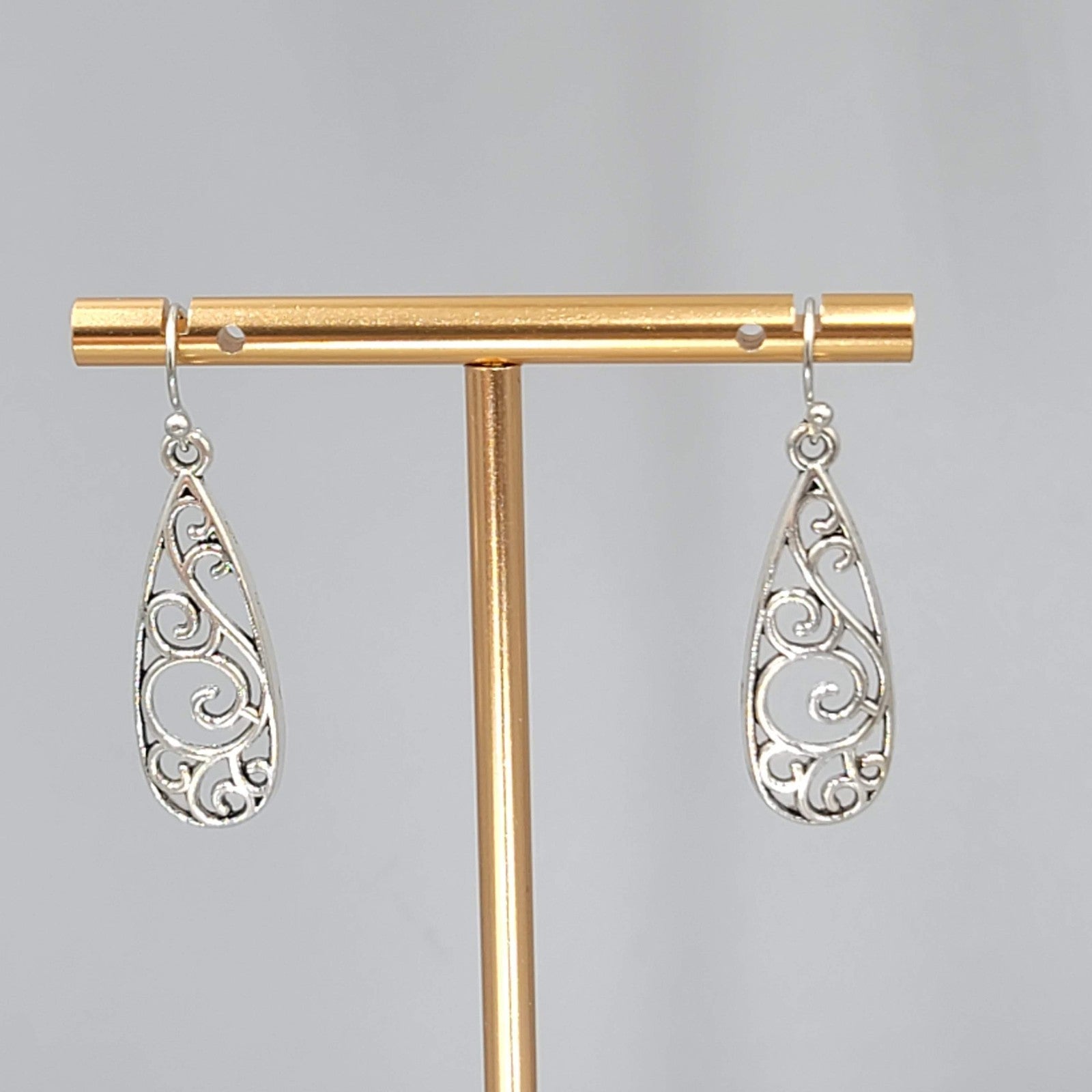 Open Filigree Long Teardrop Pierced Earrings Silver tone Dangle   1.25"